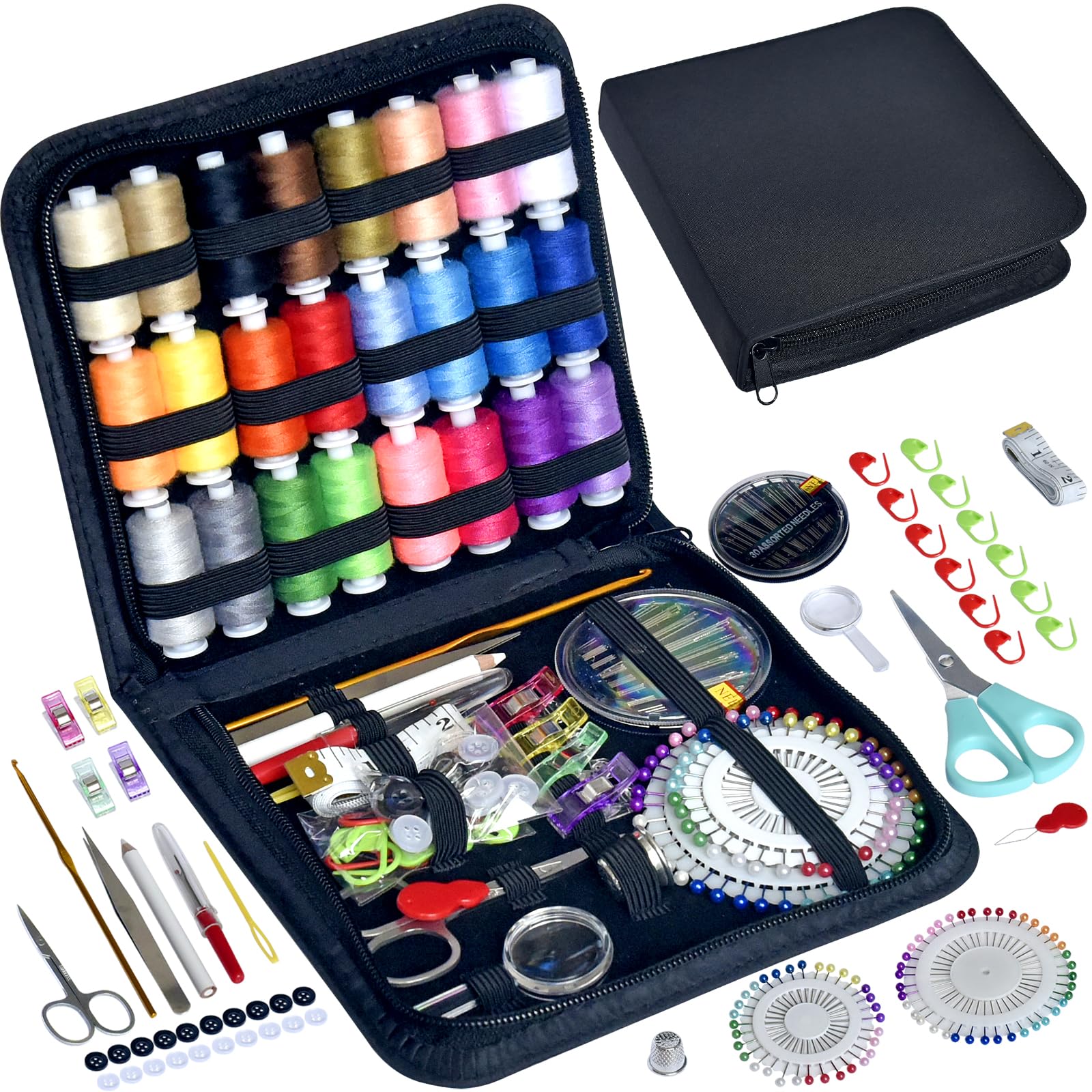 LE PAON Sewing Kit with Case Portable Sewing Supplies for Home Traveler, Adults, Beginner, Emergency, Contains 24 Sewing Thread, Scissors, Needles, Measure etc