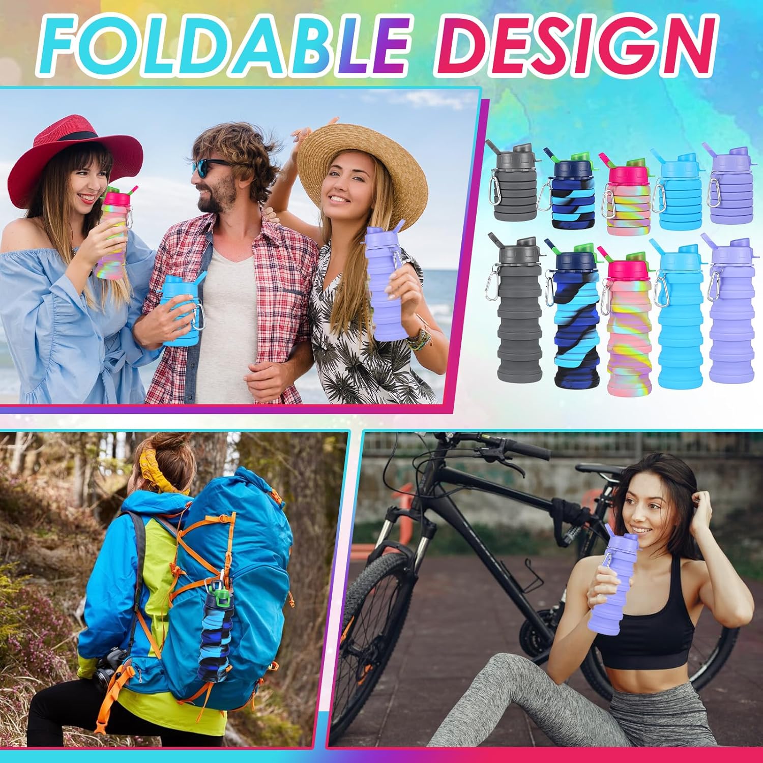5 Pack Collapsible Water Bottles 17 oz Silicone Portable Lightweight Foldable Water Bottle with Carabiner Leakproof Reusable for Travel Camping Hiking Cycling Sport Outdoor(Colorful)