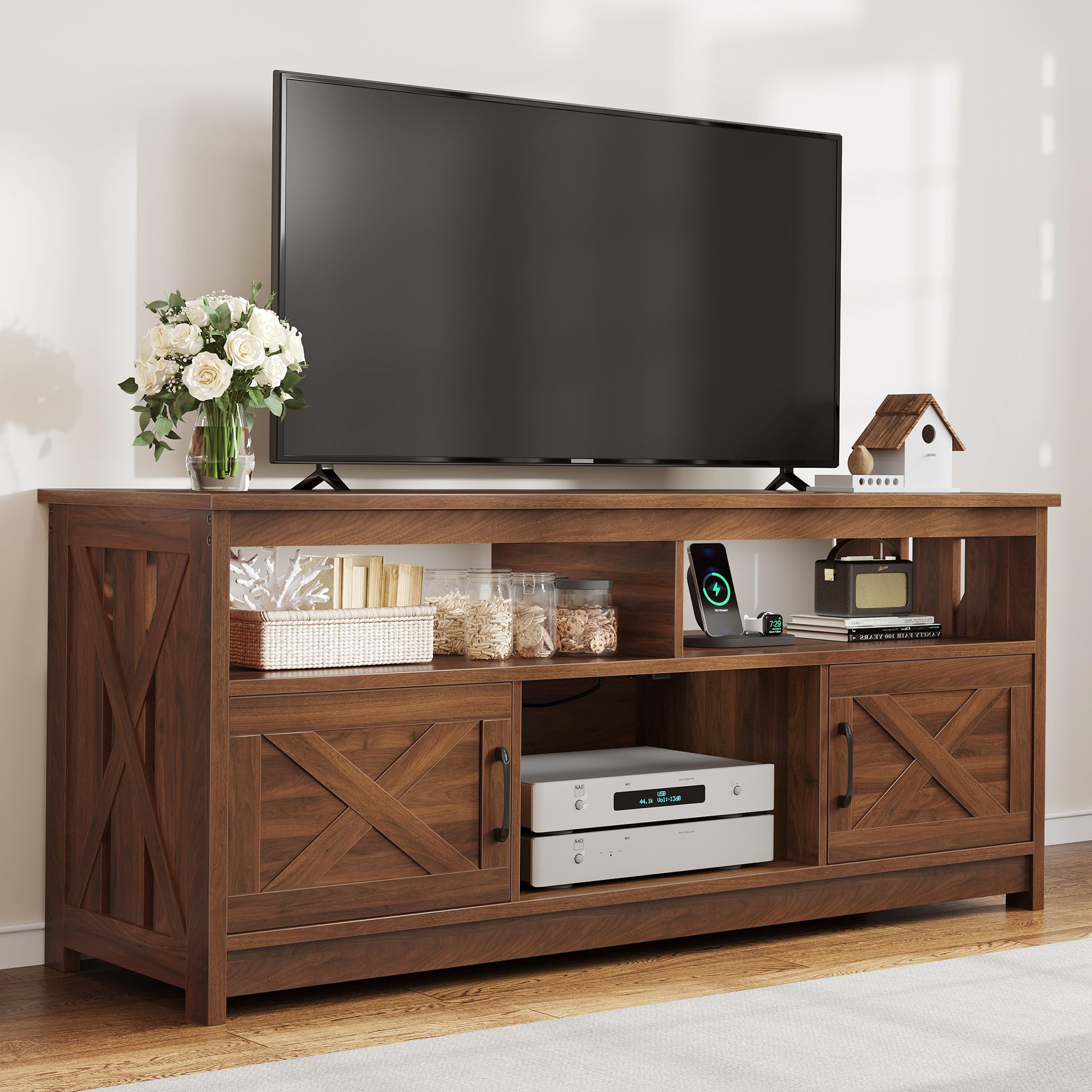 Dejiavue Farmhouse TV Stand For Television Up To 65 Inch, Entertainment Center With Power