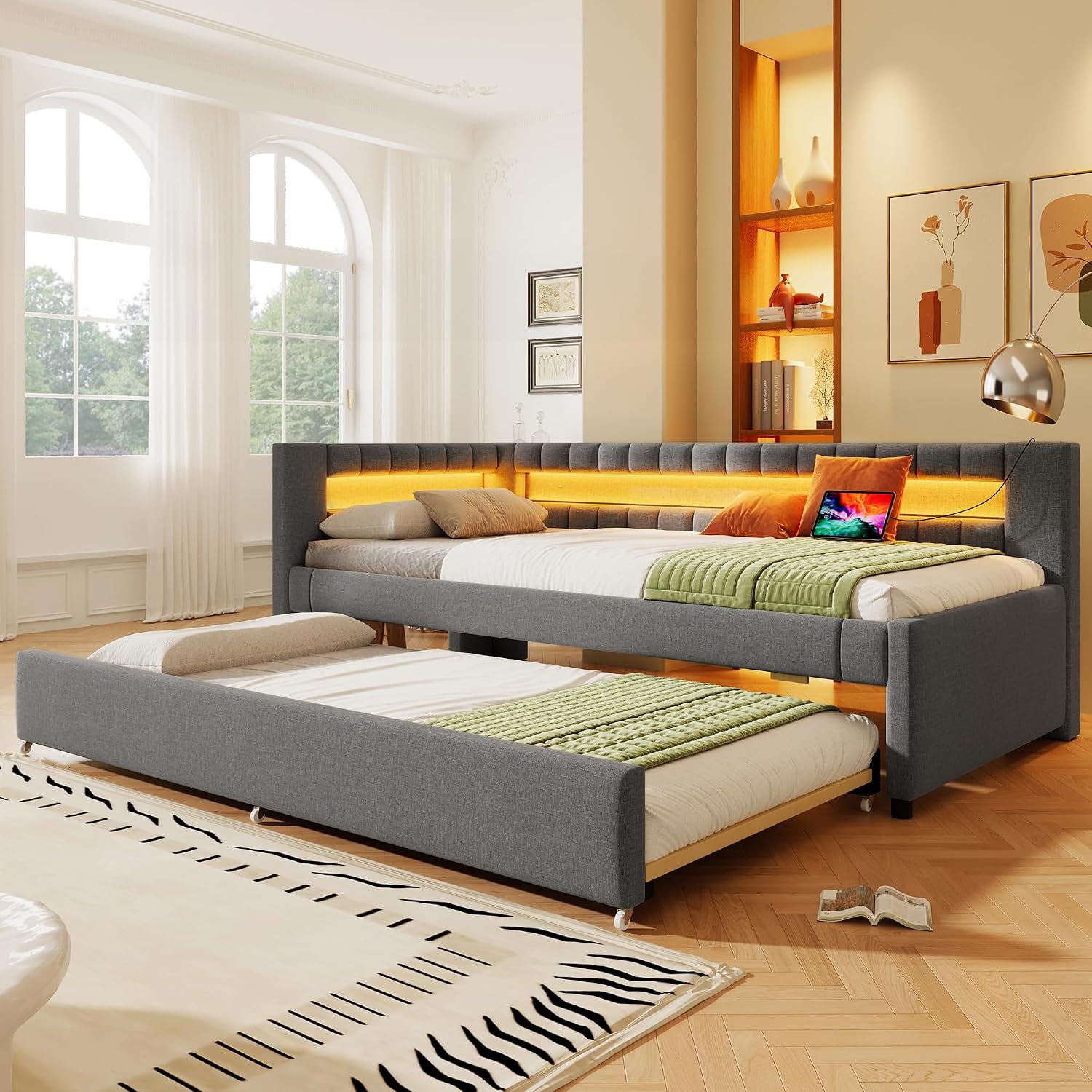 BTM Day Bed with Sofa Bed Extendable Bed 90 x 200 cm Day Bed Upholstered Bed with LED USB Type C without Mattress Linen Grey