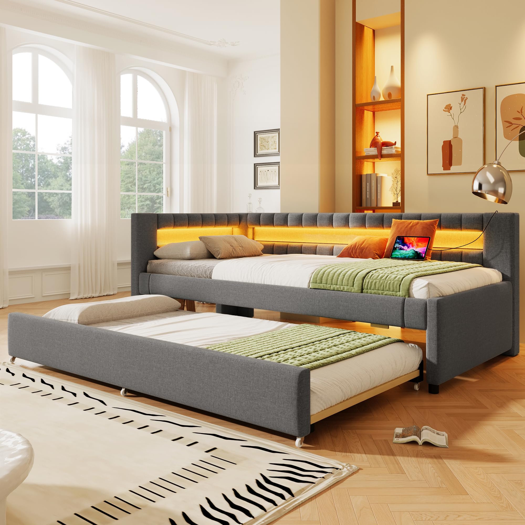 Soweiz Sofá cama, cama tapizada, cama con barra de luz LED con control remoto en el pie de la cama, cama con cama desplegable sin colchón, USB + Type-C, lino (Gris, 90x200cm)