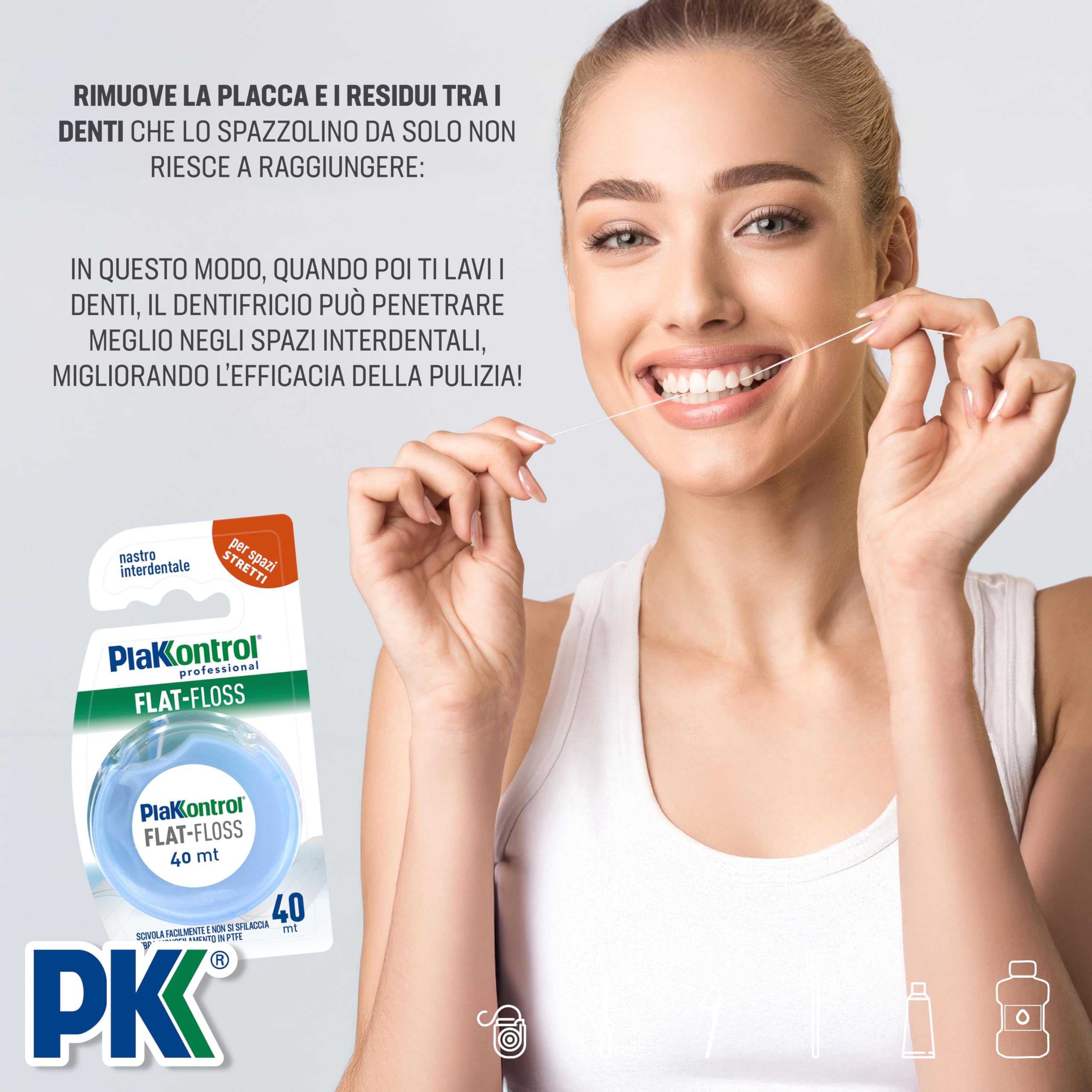 Plakkontrol® Flat-Floss, Filo Interdentale Leggermente Cerato, Nastro in PTFE, 40 m, 22 g