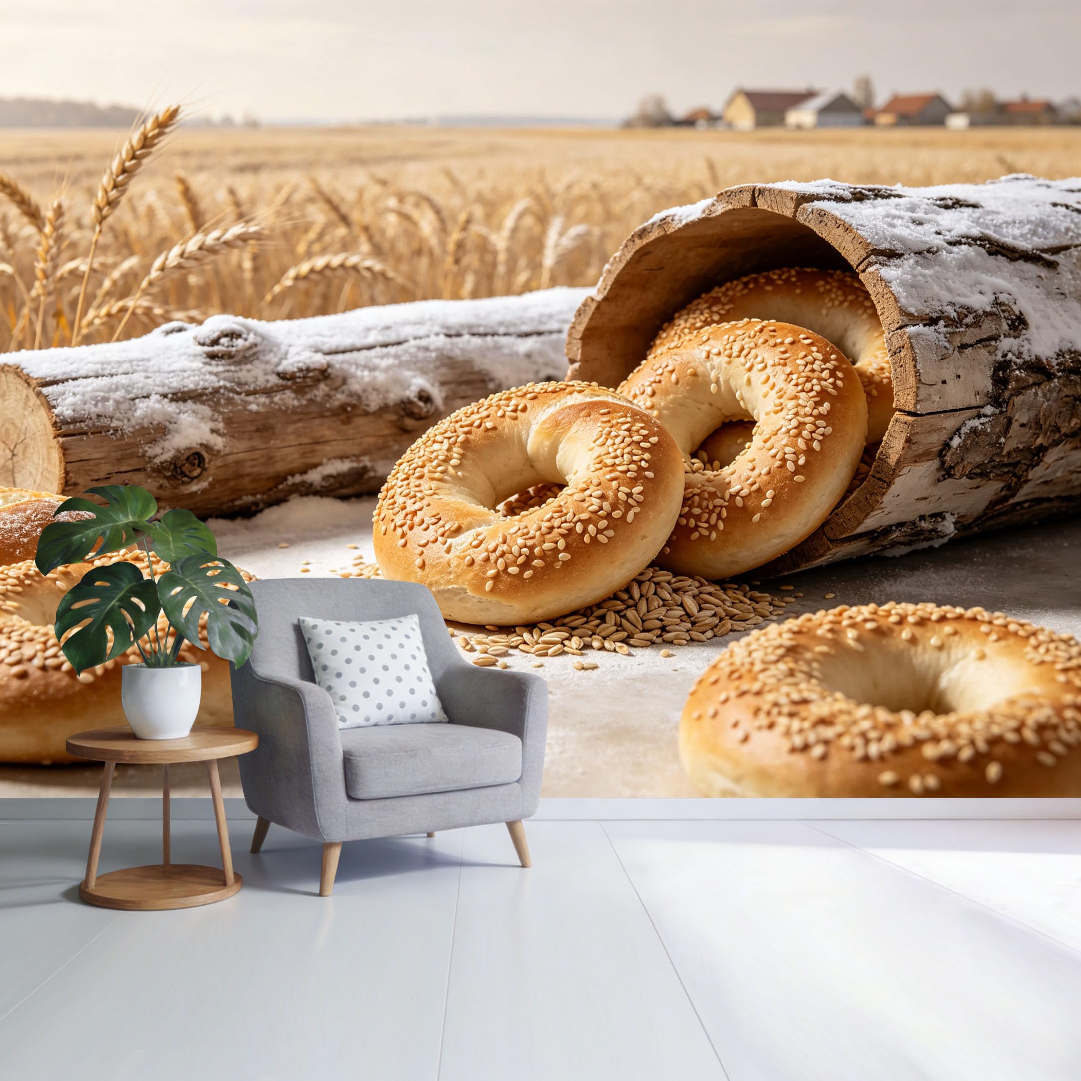 Custom Size Wall Mural Wheat Field Rustic Bread Bagels Farmhouse Country Kitchen Scene SelfAdhesive Wall Fabric Removable Wallpaper for Home Office Decor