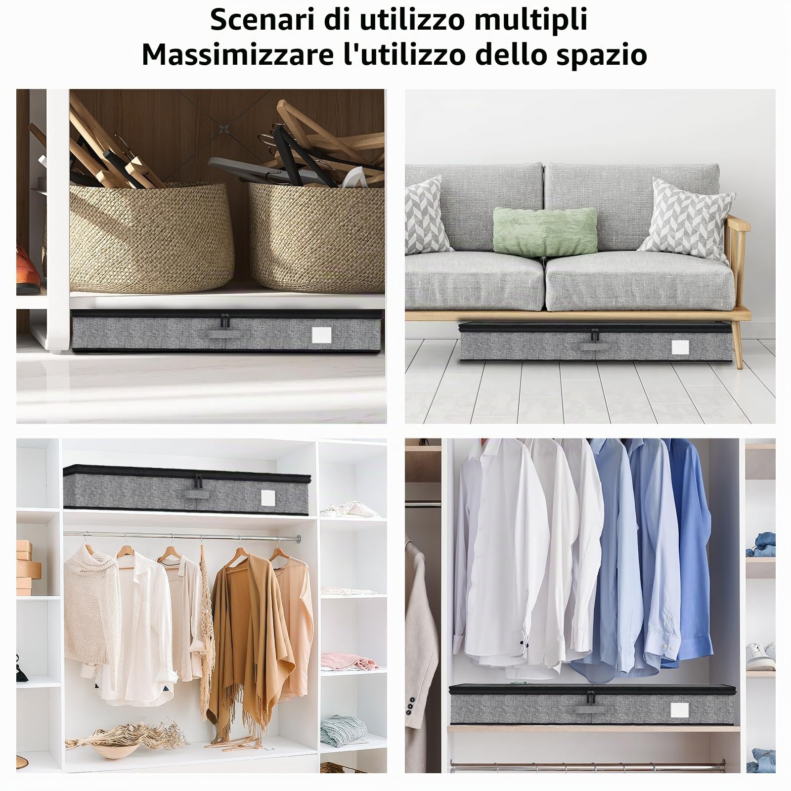Fixwal Confezione da 4 contenitori sotto il letto, sotto 11,4 cm, a basso profilo, organizer per vestiti con pareti laterali e fondo robusti