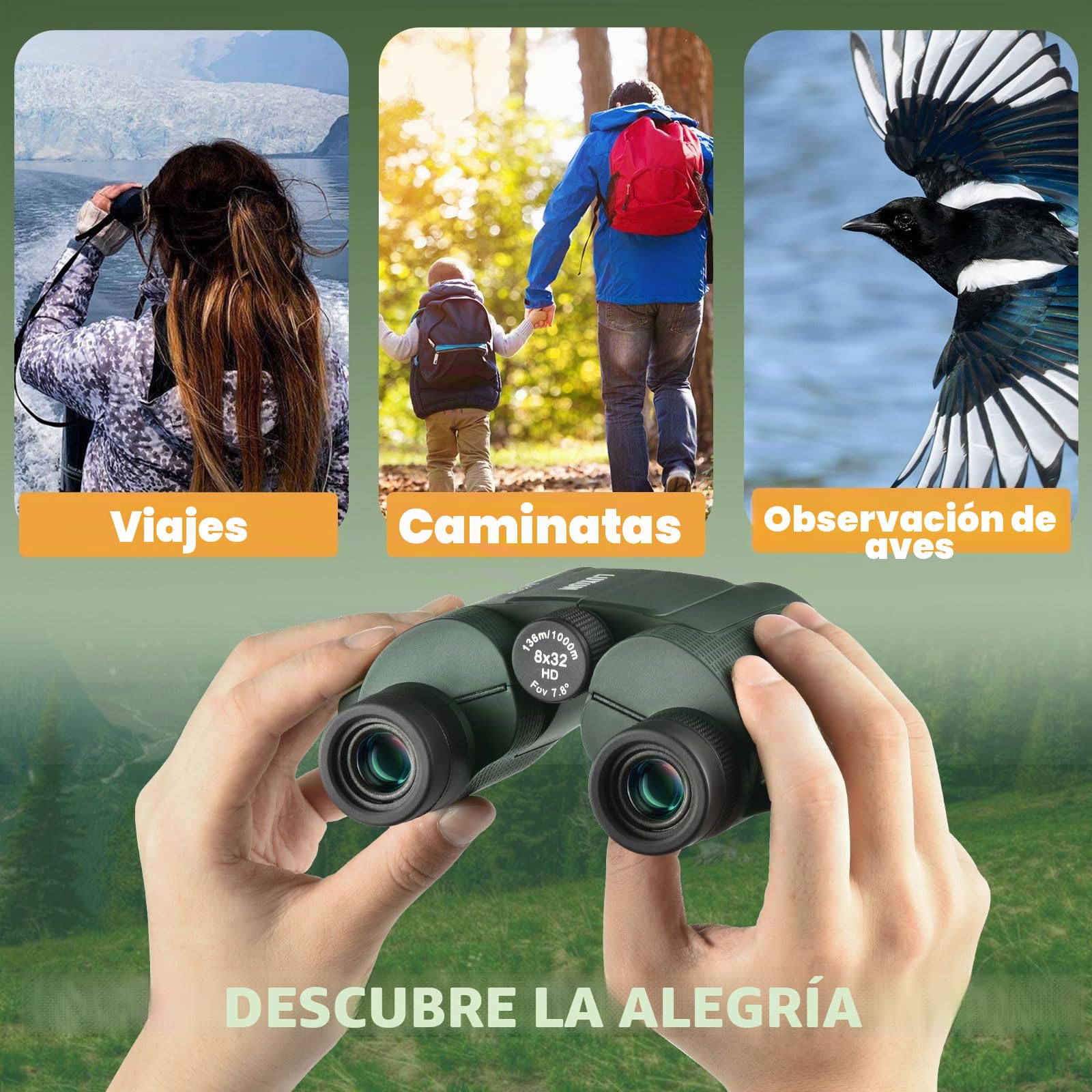 LUXUN Prismáticos pequeños para adultos, 8 x 32, para caza, ocular grande, ultrasharp, mini binoculares para observación de aves, color verde
