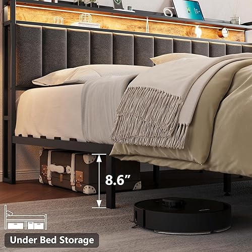 Miniatura 6 de MEIJUJIA Base de cama Queen con 2 cajones de almacenamiento y cabecera de luces LED, marco de cama tapizado tamaño Queen con estación de carga, no