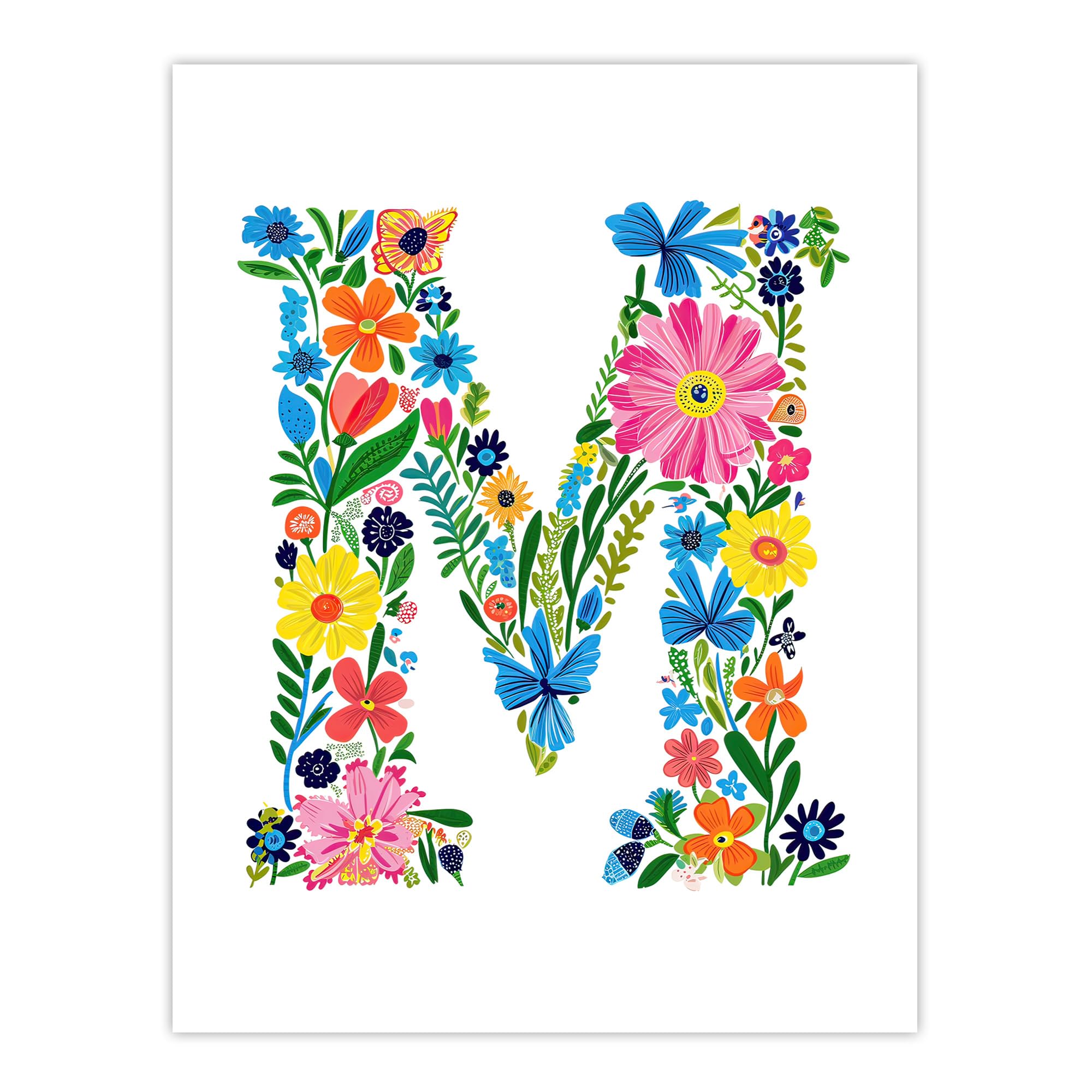 Letter M in Bright Colourful Flowers Spring Garden Floral Wall Art Poster Print