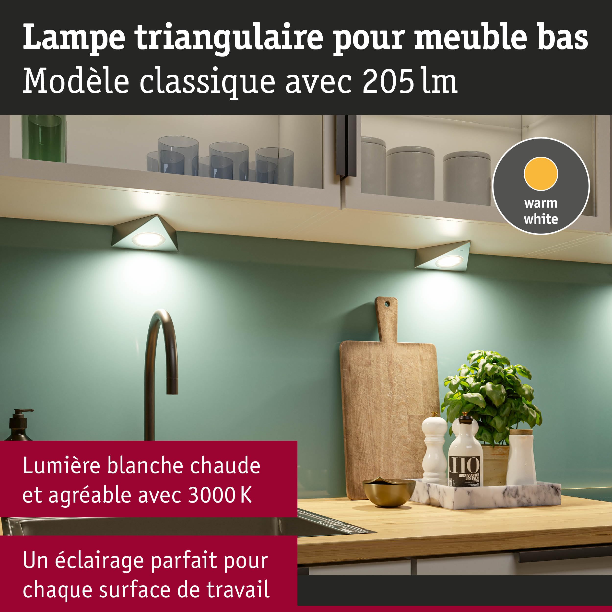 Paulmann 93572 Kit éclairage meuble LED capteur 3x2,8W acier 2700K