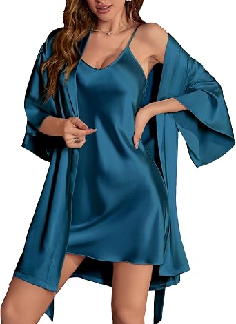 Womens Satin Robe Set 2 Piece Full Slip Sleep Dress with Silky Bathrobe Bridesmaid Sleepwear