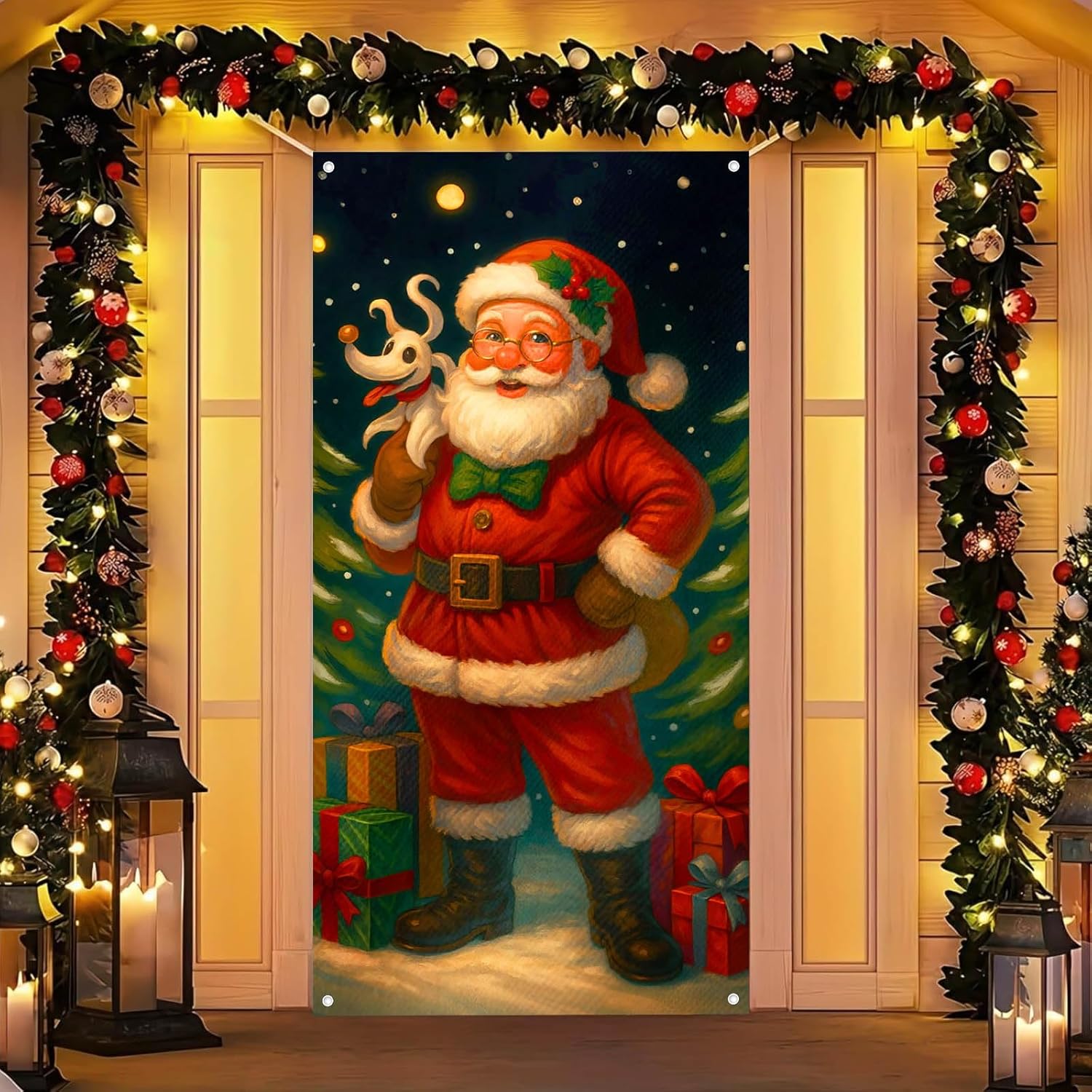 Merry Christmas Door Cover 71x35 Inch Front Porch Door Banners Decoration Winter Santa Claus Cartoon Dog Gift Tree Sign Party Indoor Decor - Image 4