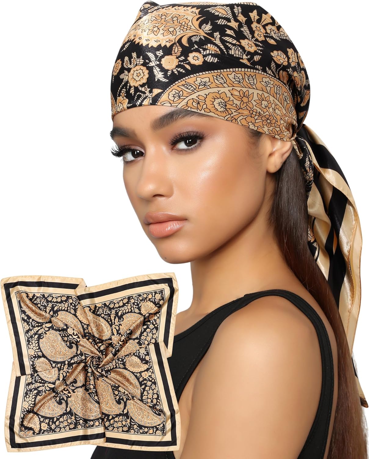 AWAYTR 35” Satin Head Scarf for Women Like Silk Scarf for Hair Scarf Satin Hair Bandana Women Headscarf Hair Wrap Scarf Neck Light Camel