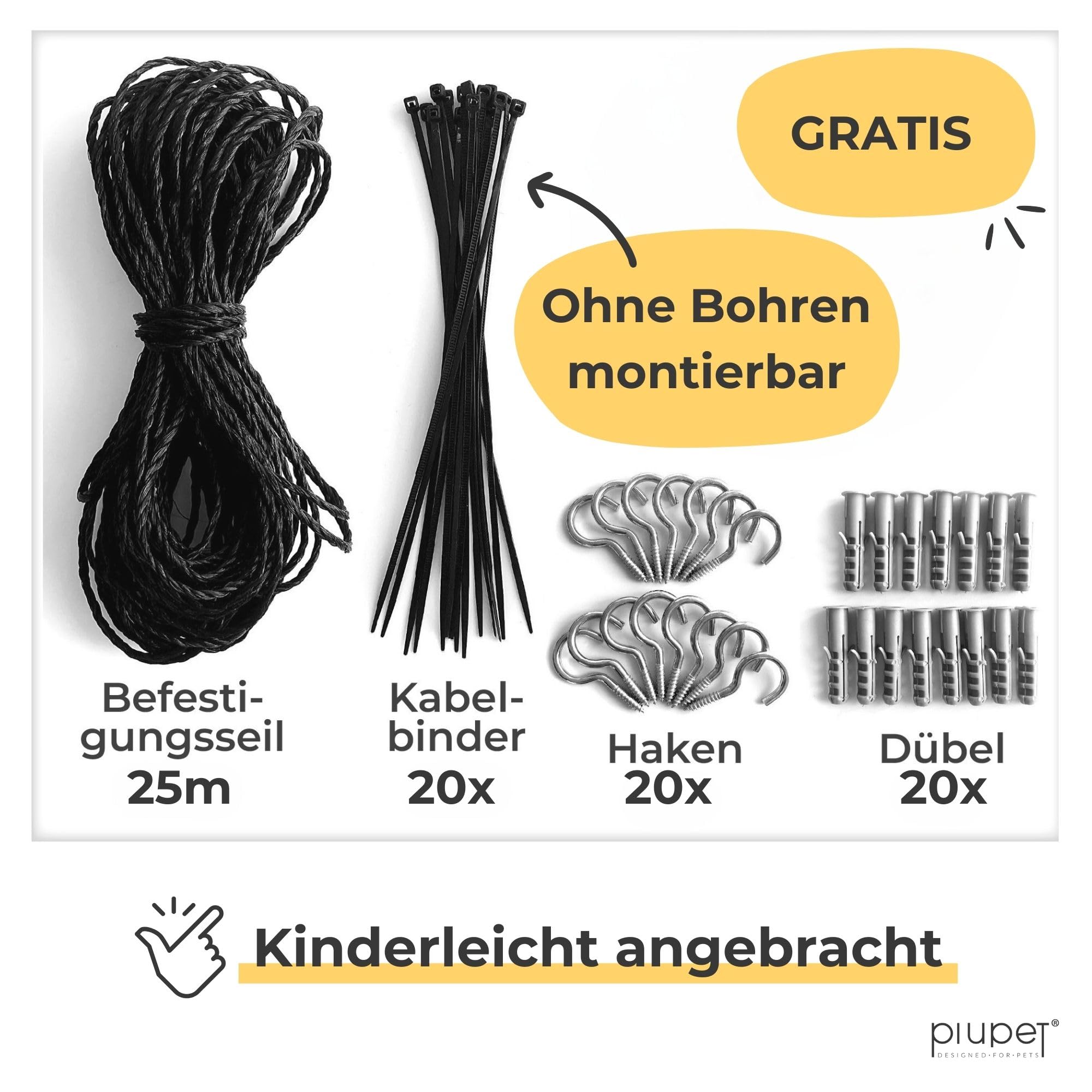 PiuPet® Katzennetz Drahtverstärkt I 8x3m I schwarz I Befestigungsset inklusive I Katzennetz für Balkon | Katzengitter Fenster | Katzen Fensterschutz