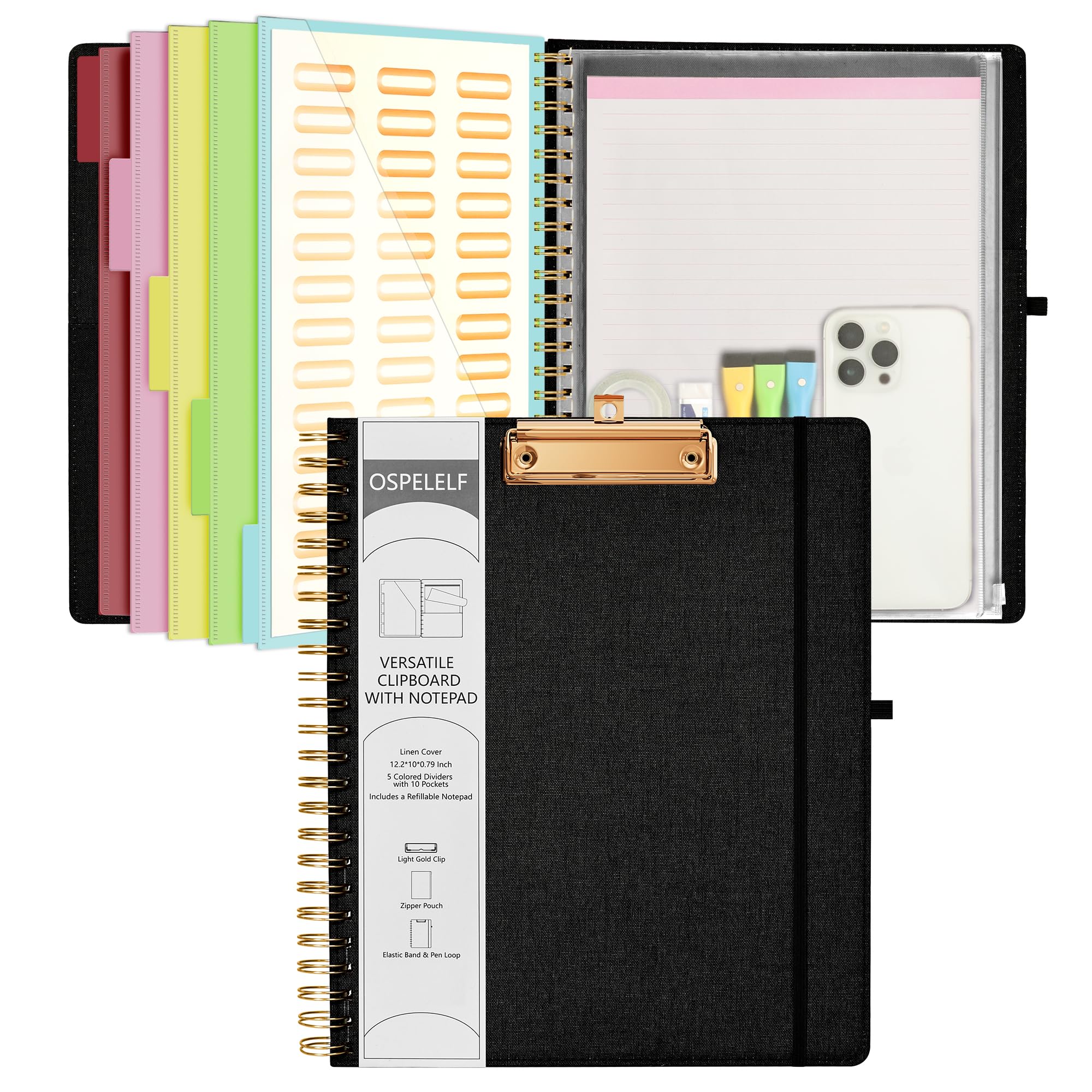 Ospelelf Black Foldable Spiral Clipboard Folio