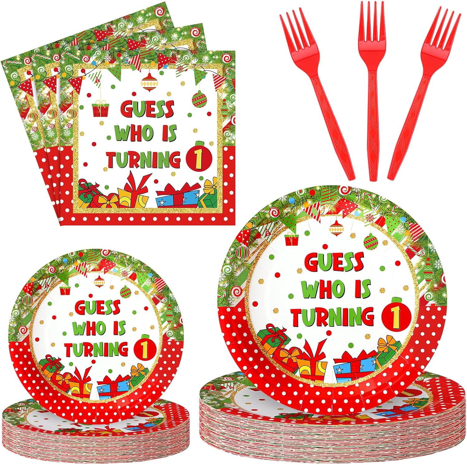96 Pcs Red and Green Christmas 1st Birthday Party Decorations for 24 Guest Merry Christmas Party Supplies Lime Green Red Disposable Tableware 24 Set Plate Fork Napkin for Holiday Elf Home Decoration