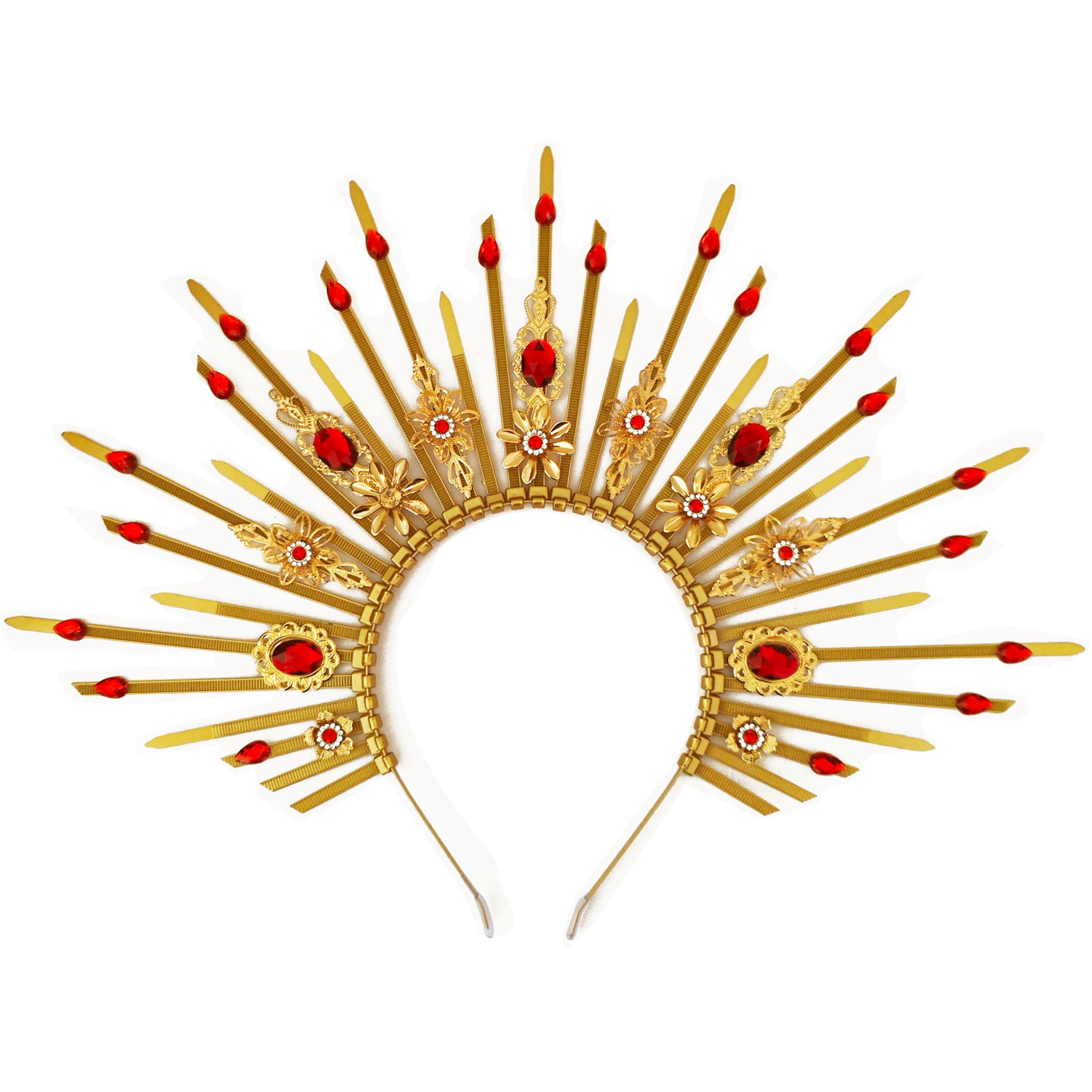 Baroque Sunburst Zip Tie Halo Crown Headpiece, Ruby Rhinestone Lace Flower Gold Spike Tiara, Queen Mary Halo Headwear for Wedding Prom Photoshoot