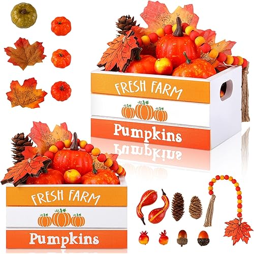 Thanksgiving Mini Wood Crate Autumn Tiered Tray Decor with Maple Leaves Pumpkins Pine Cones and Wood Bead String Farmhouse Fall Kitchen Decorations Box for Thanksgiving Party Decor