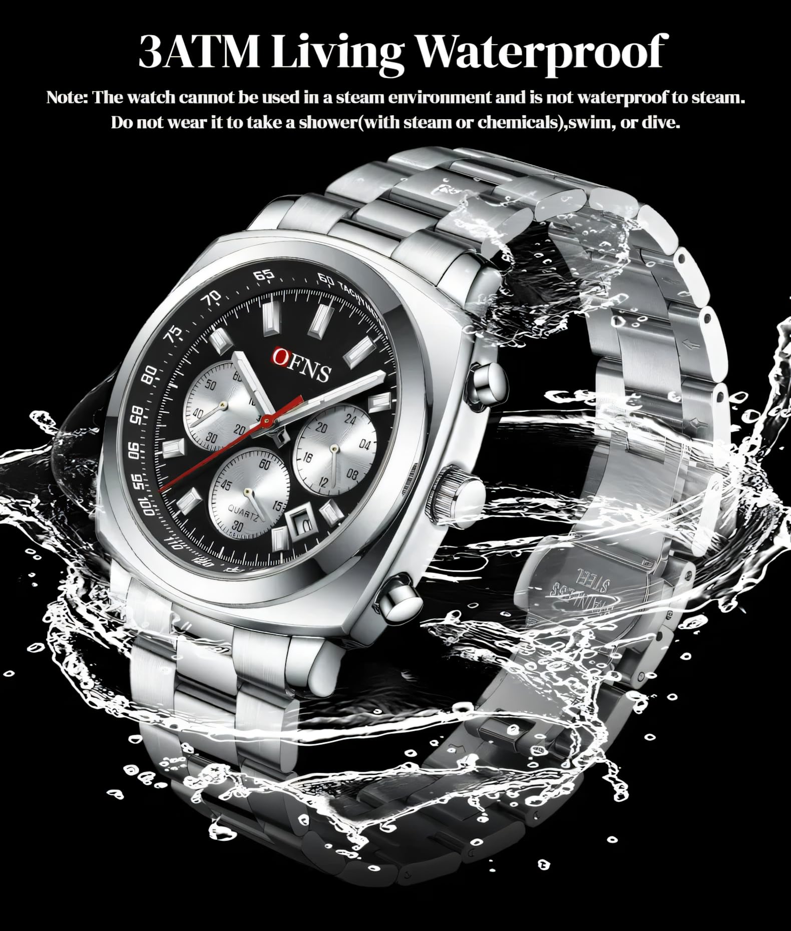 Reloj de pulsera de cuarzo para hombre, correa de acero, calendario, seis pines, tres ojos, impermeable, esfera cuadrada