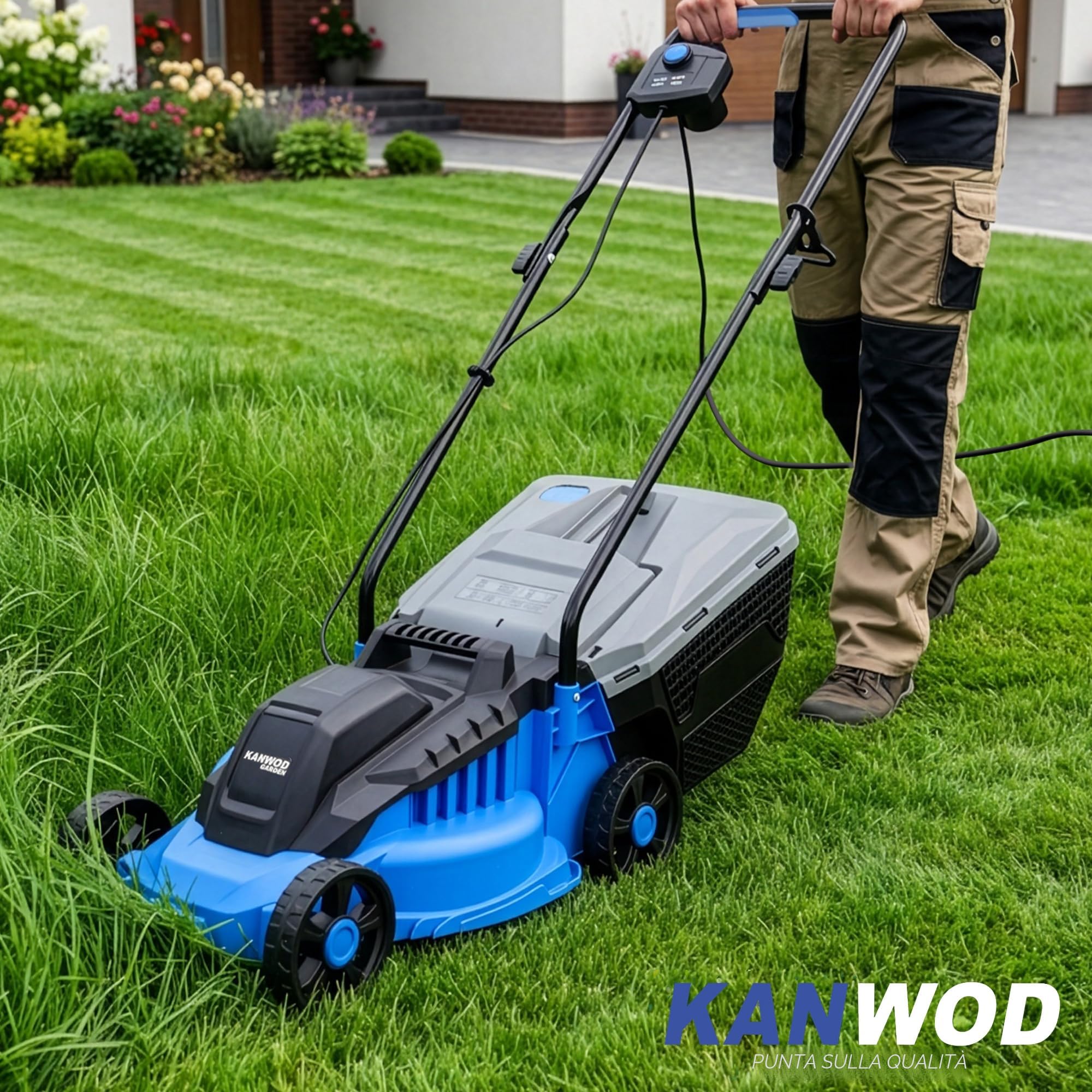 KANWOD Tagliaerba Elettrico, 1200 W, Larghezza di Taglio 32 cm, Cesto Raccoglierba 30 L, Regolazione Altezza Taglio 3 Livelli 30-70 cm, Tosaerba per superfici fino 500 m², 3400 giri/min, Grigio/Blu