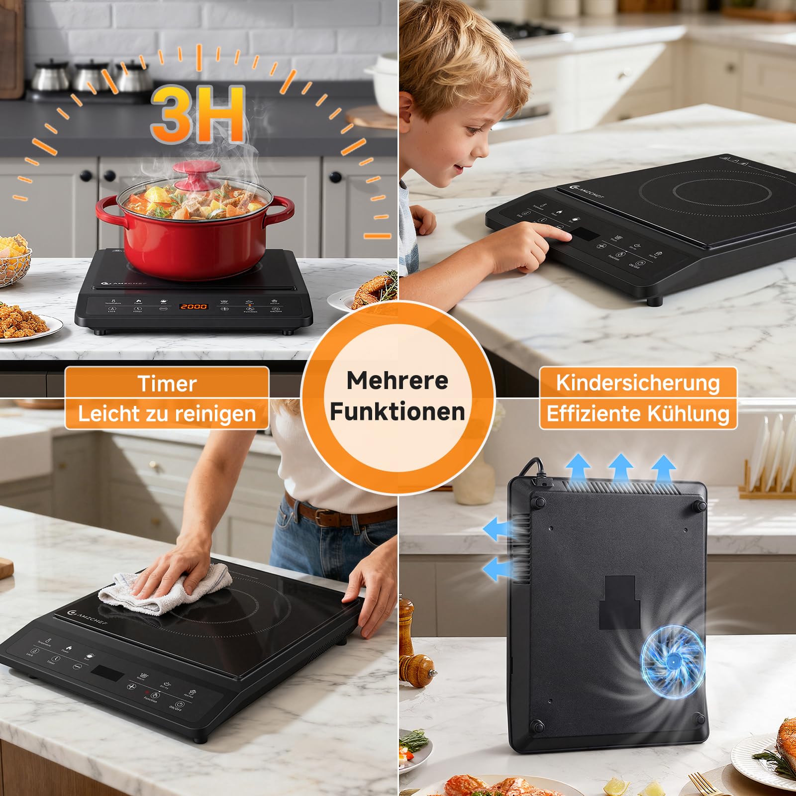 AMZCHEF Induktionskochfeld 1 Platte, Tragbares Induktionskochplatte, 20 Temperatureinstellungen und Leistungsstufen, Schlankes Design mit Schwarzer Keramikplatte, Sensorsteuerung, 3H Timer.