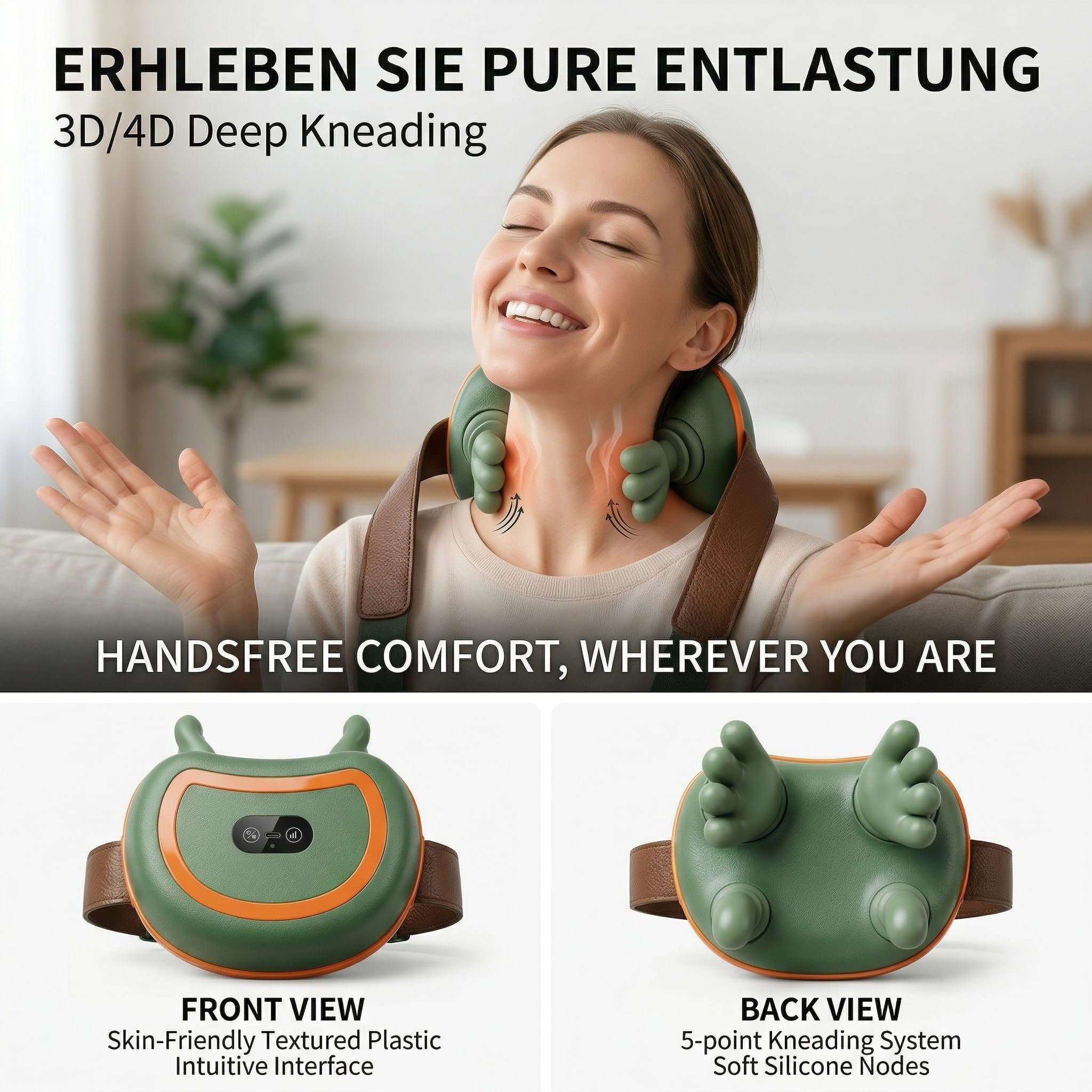 Masseur de cou 4D sans fil, cou et cervicale, masseur chauffant pour le dos, coussin de massage électrique à pétrissage pour les muscles, cou, taille, jambes et corps - 3 modes