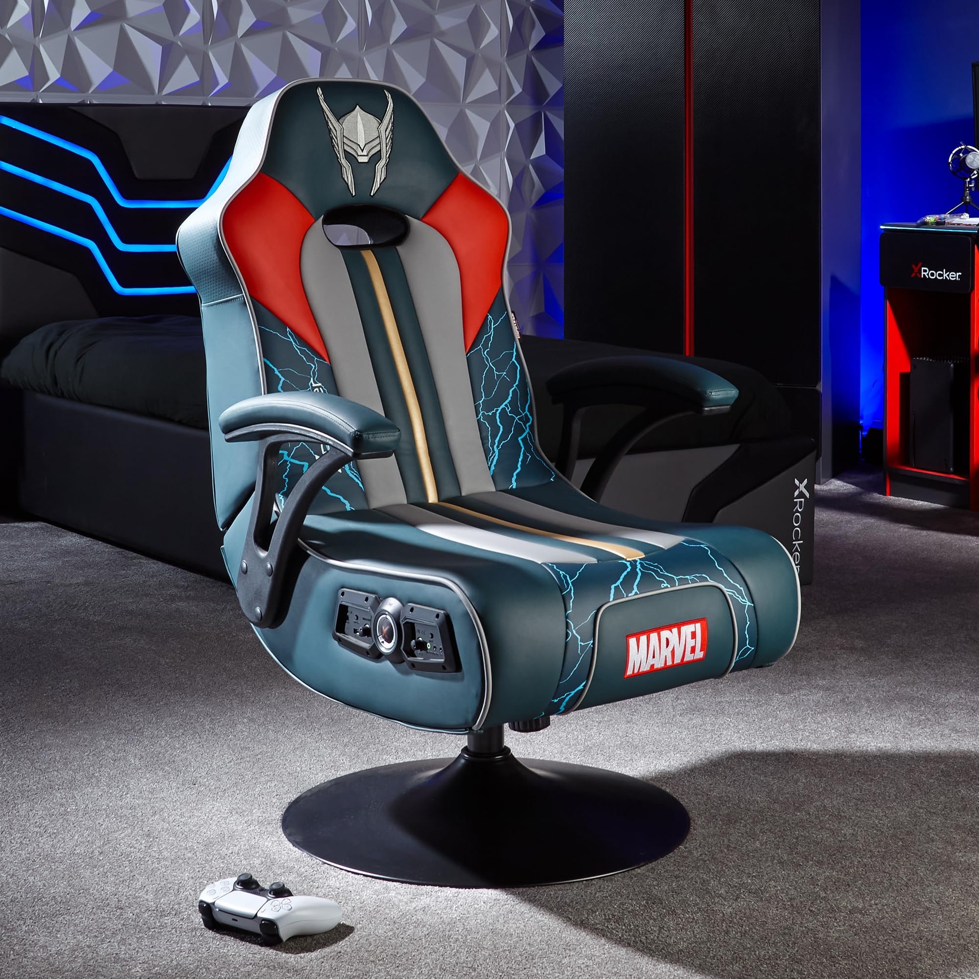 Marvel Thor 2.1 Pedestal, Stereo Audio Gaming Chair - Bluetooth Connectivity, Reactive Vibration, Foldable Base, Wipe-Clean Faux Leather for Kids & Teens - Blue - Licensed