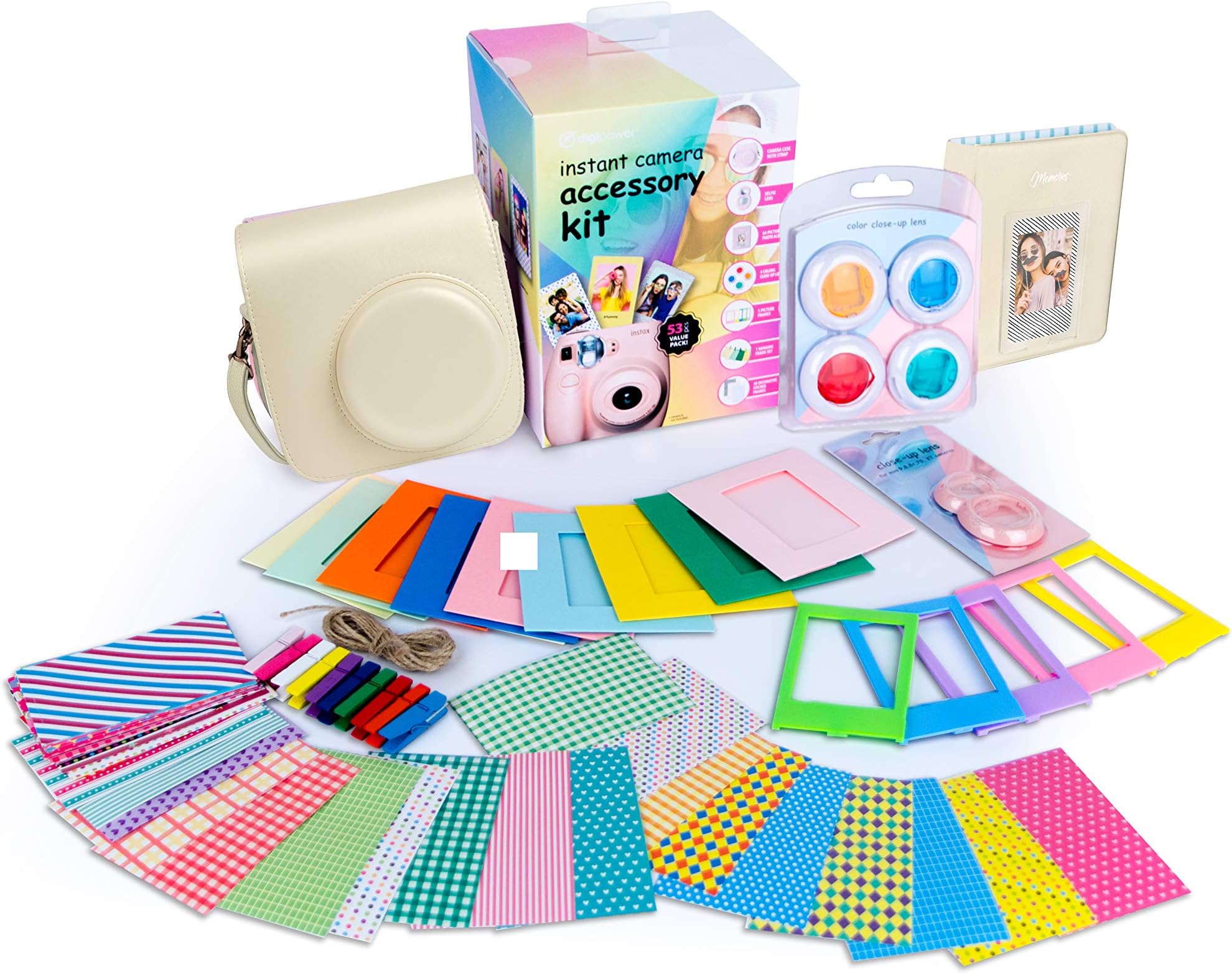 digipower 53 Piece Accessory Kit for Fujifilm Instax Mini 9/8/8+/7s Instant Camera with Camera Case, Selfie Lens, Photo Album, 4 Colour Filters, Photo Frame, Hanging Frame & Foil Stickers, White