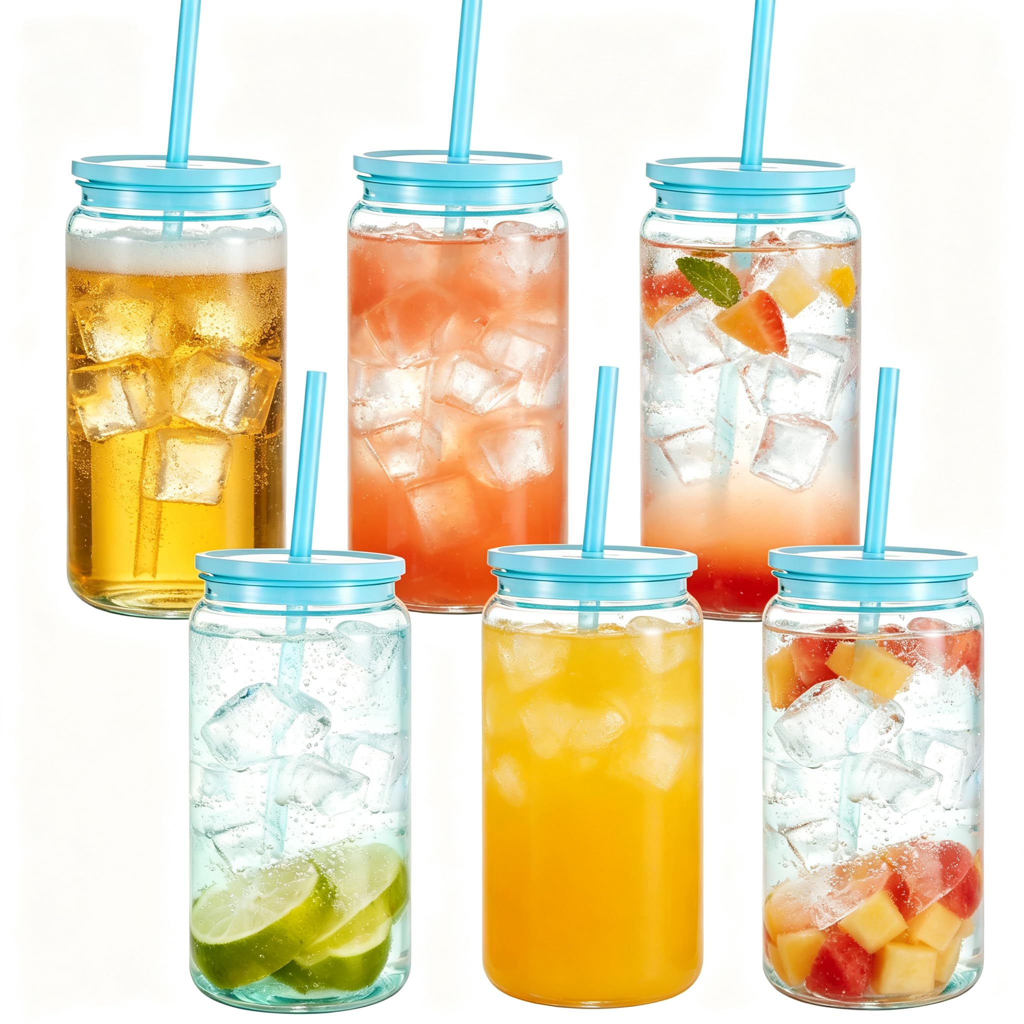 Yisituo 500ml Plastic Cups with Lids and Straws, Reusable Iced Coffee Cups, BPA Free for Smoothies, Hot/Cold Drinks, Cola, Juice, Soda, 6 Pack (6, Light Blue)