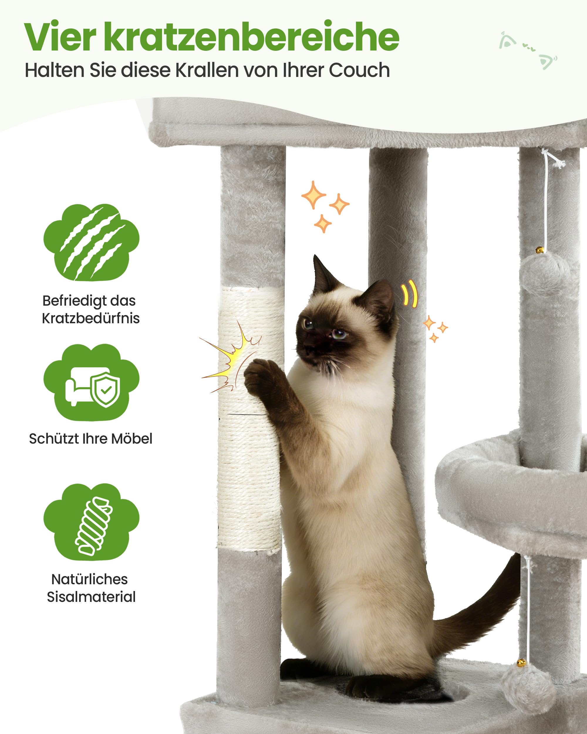 Kratzbaum Groß, Kratzbaum Grosse Katzen Stabil 170 cm hoch - Katzenbaum XL, Mehrstöckiger Katzenbaum Grau mit 4 Kratzsäulen, 6 Plüschbälle, Plattformen, Höhlen, Hängematte - Cat Tree Tower