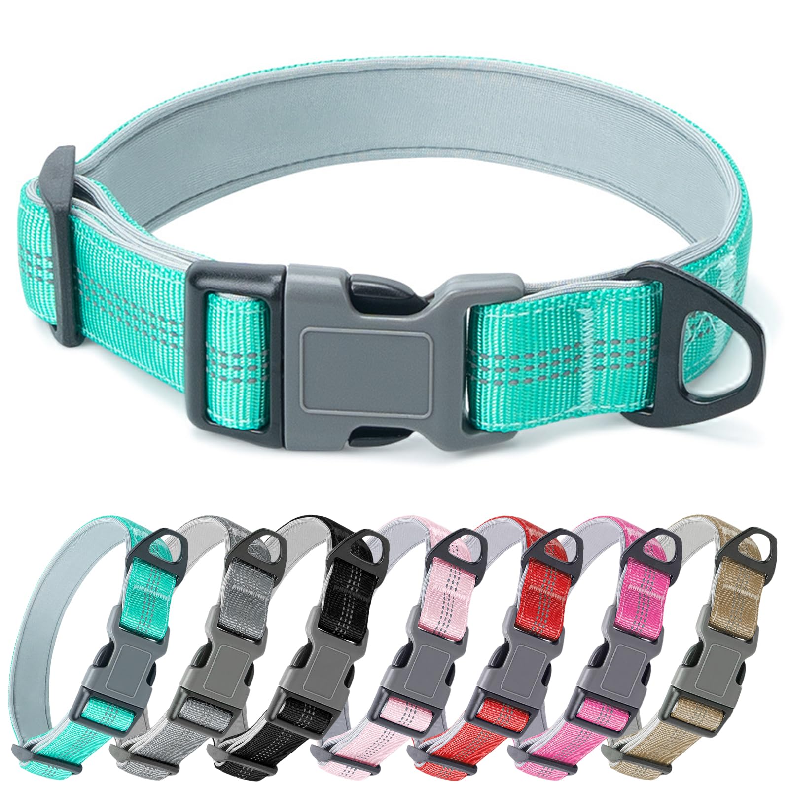 Olcyren Reflective Nylon Dog Collar, Adjustable Soft Padded Dog Collar with Quick Release Buckle, Comfortable Strong Durable Pet Collars for Small Medium Large Boy or Girl Dogs Walking (Turquoise, S)