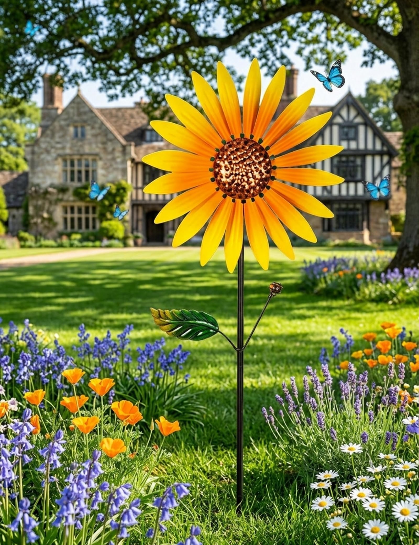 2 Pezzi Girandole da Giardino in Metallo, 160cm Mulino a Vento da Esterno, Scultura Cinetica a Doppia Rotazione - Forma di Girasole