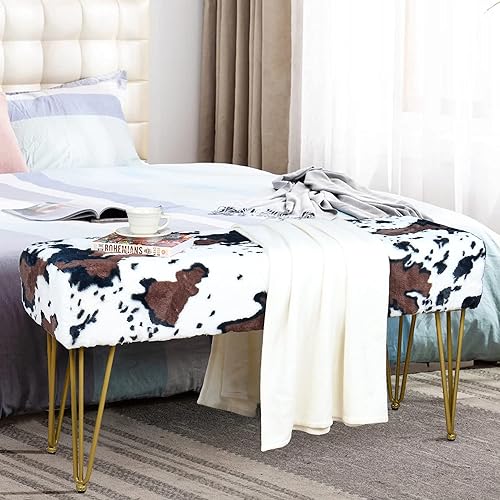 Banco otomano rectangular largo de vaca de piel sintética para entrada, reposapiés suave y peludo, 46 x 16 x 22 pulgadas, banco de asiento