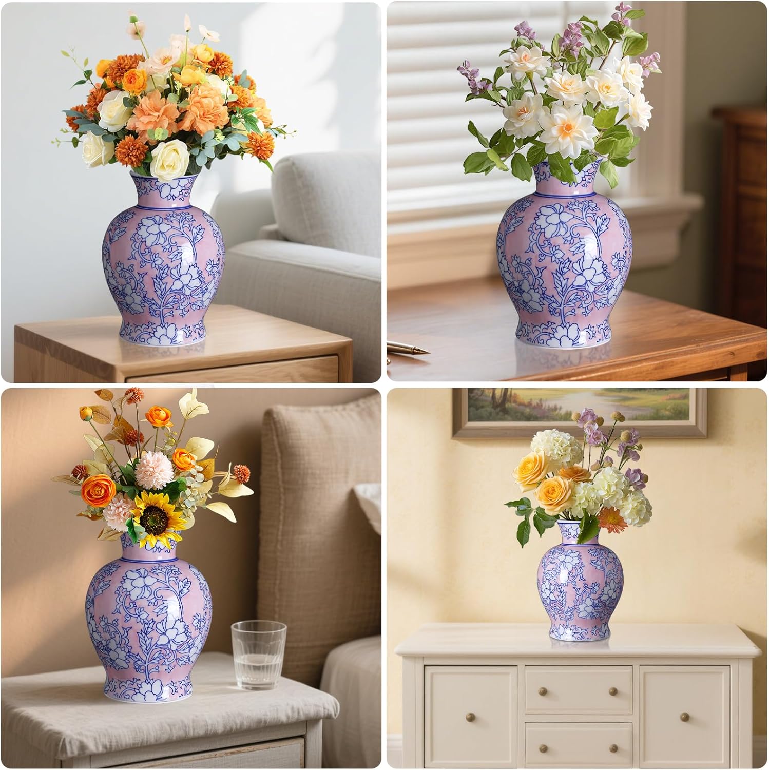 Vintage Chinoiserie Floral Ceramic Vase, Large Rustic Pottery Vases for Living Room, Entryway, Dining Table Centerpiece, Farmhouse Home Décor, Floor or Tabletop Flower Vase, (Pink) - Image 7