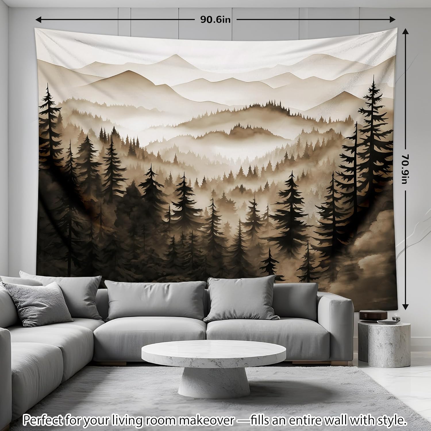 QGHOT Misty Forest Tapestry, Nature Mountain Tapestry Wall Hanging Dark Brown Watercolor Landscape Wall Art for Bedroom Living Room Decor 90.6"x70.9"
