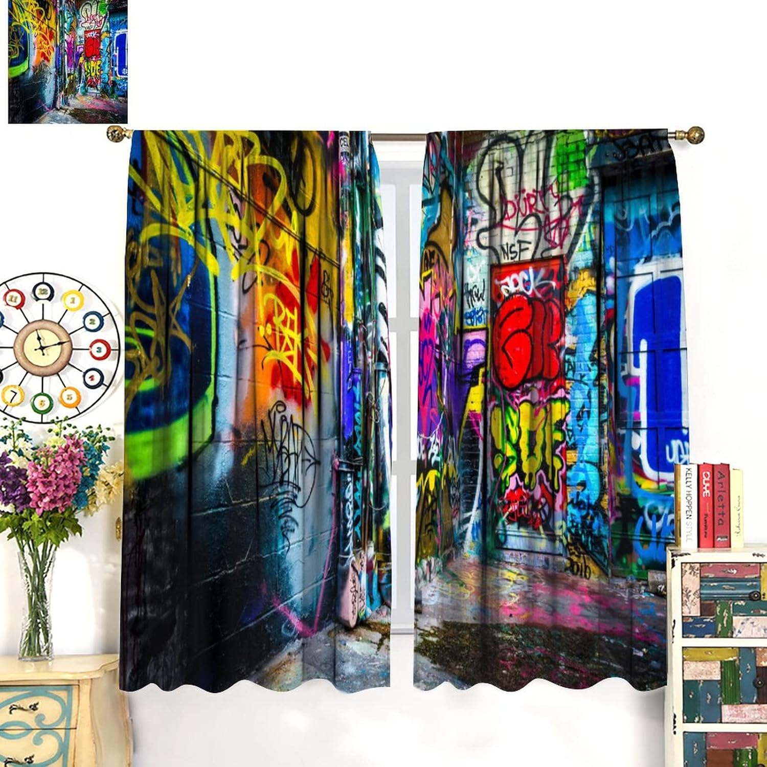 Colorful Graffiti Curtains Abstract Art Creativity Colorful Graffiti Hippie Punk Pattern Suitable for Young Boys Bedroom Living Room Rod Through Blackout Curtains84x84in