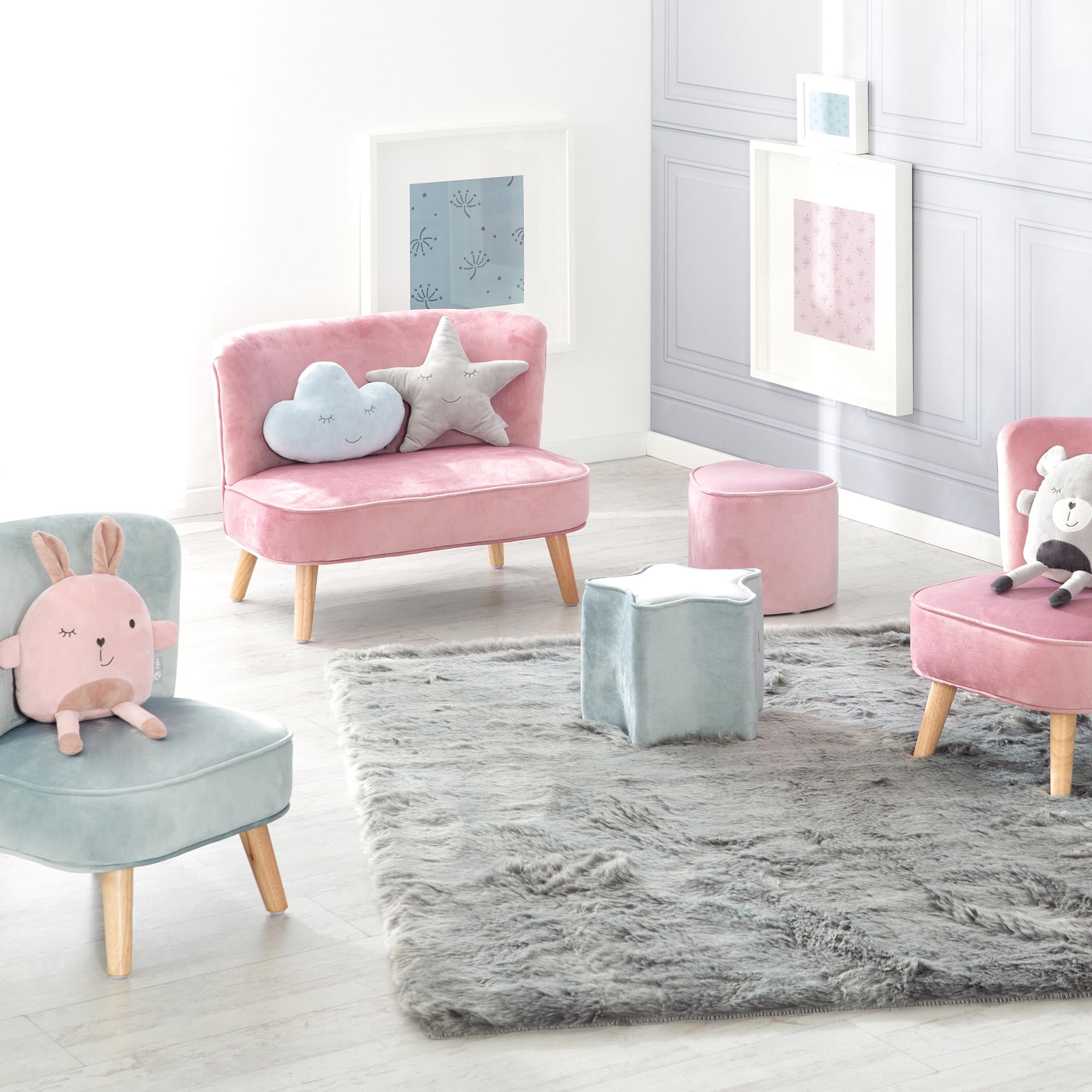 roba Kanapa dziecięca Lil Sofa dla dziewczynek i chłopców - Wygodna kanapa dla dzieci - Stabilne drewniane nóżki - Materiał z weluru w kolorze różowym