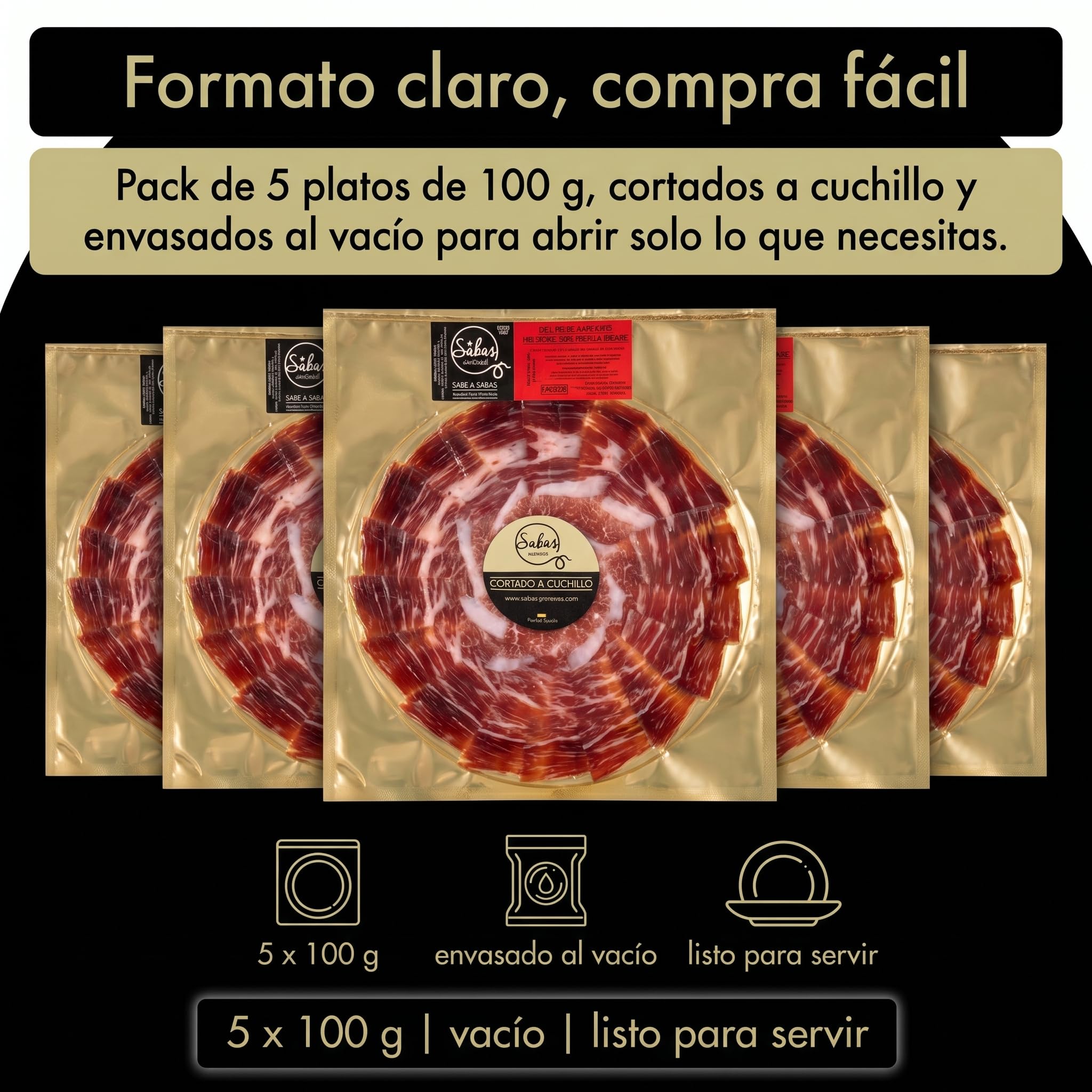 SABE A SABAS Jamon Bellota Iberico 75% Raza Iberica 5 Platos 100 g Cortado a Cuchillo Envasado al Vacio Curacion 36 Meses Loncheado Gourmet Regalo Premium Tabla Aperitivo Dehesa Espanola Fiesta