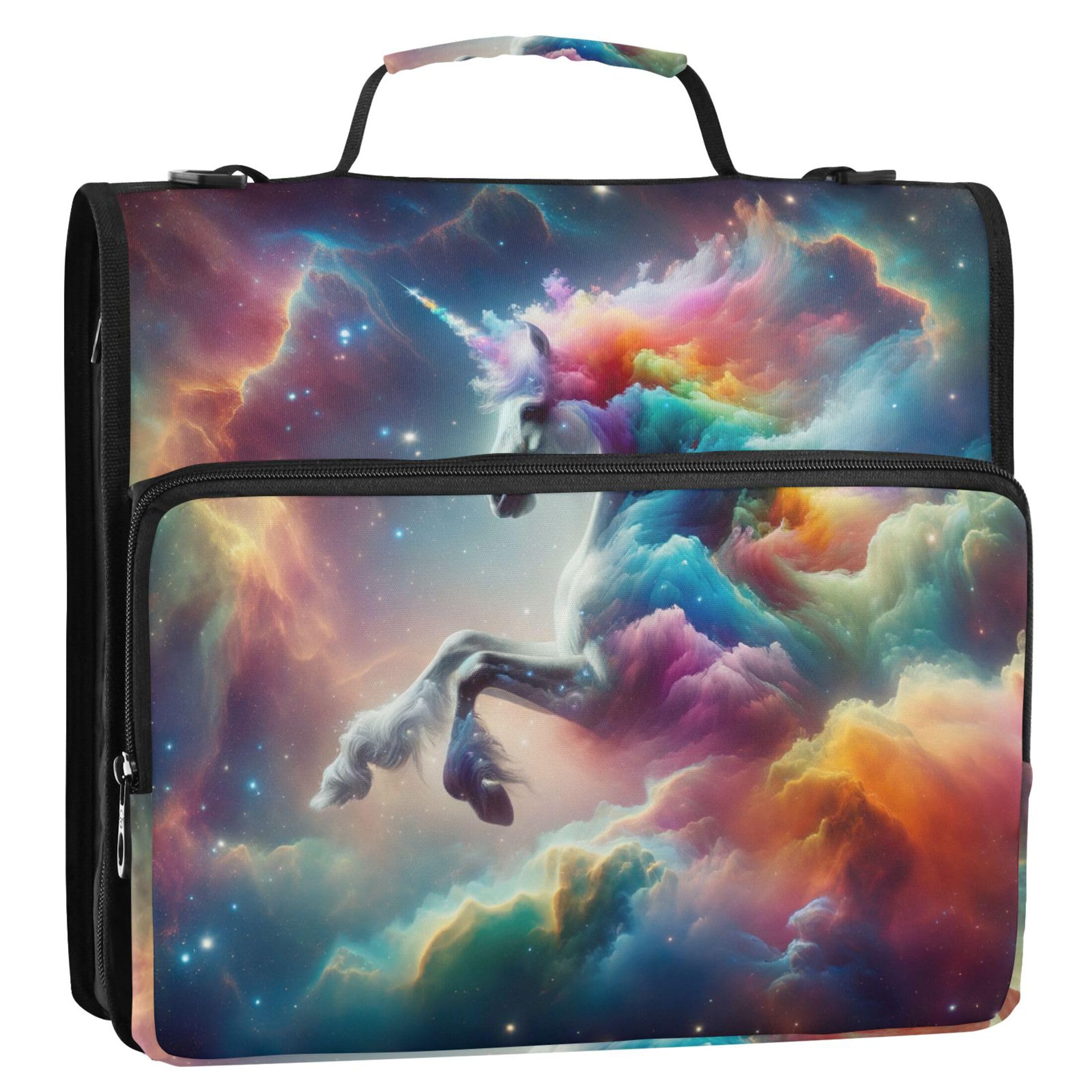 Rainbow Unicorn Space 1 1/2 Inch Binders 3 Ring Zippered Binder Organizer Binder with Shoulder Strap for School Basic Portfolio Hold 500 Sheets Holder