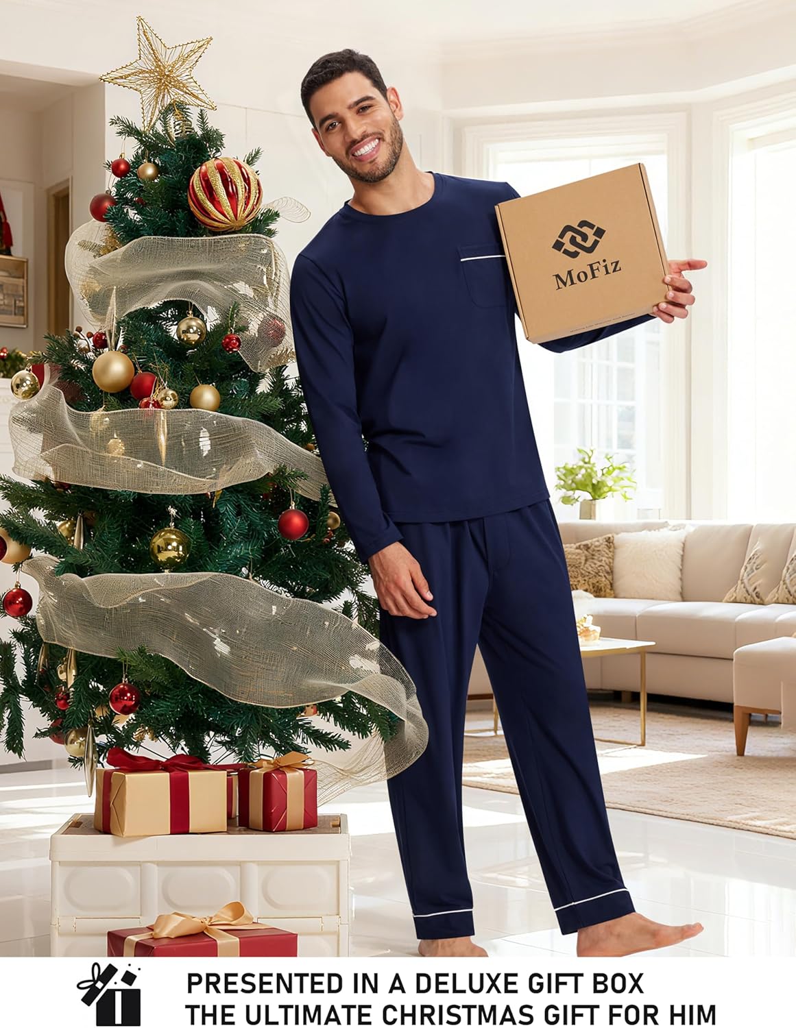 Men's Pajamas Set Soft Cotton Pjs Sets Long Sleeve Pullover Sleepwear Loungewear Set with Elastic Waist & Pockets - Image 8