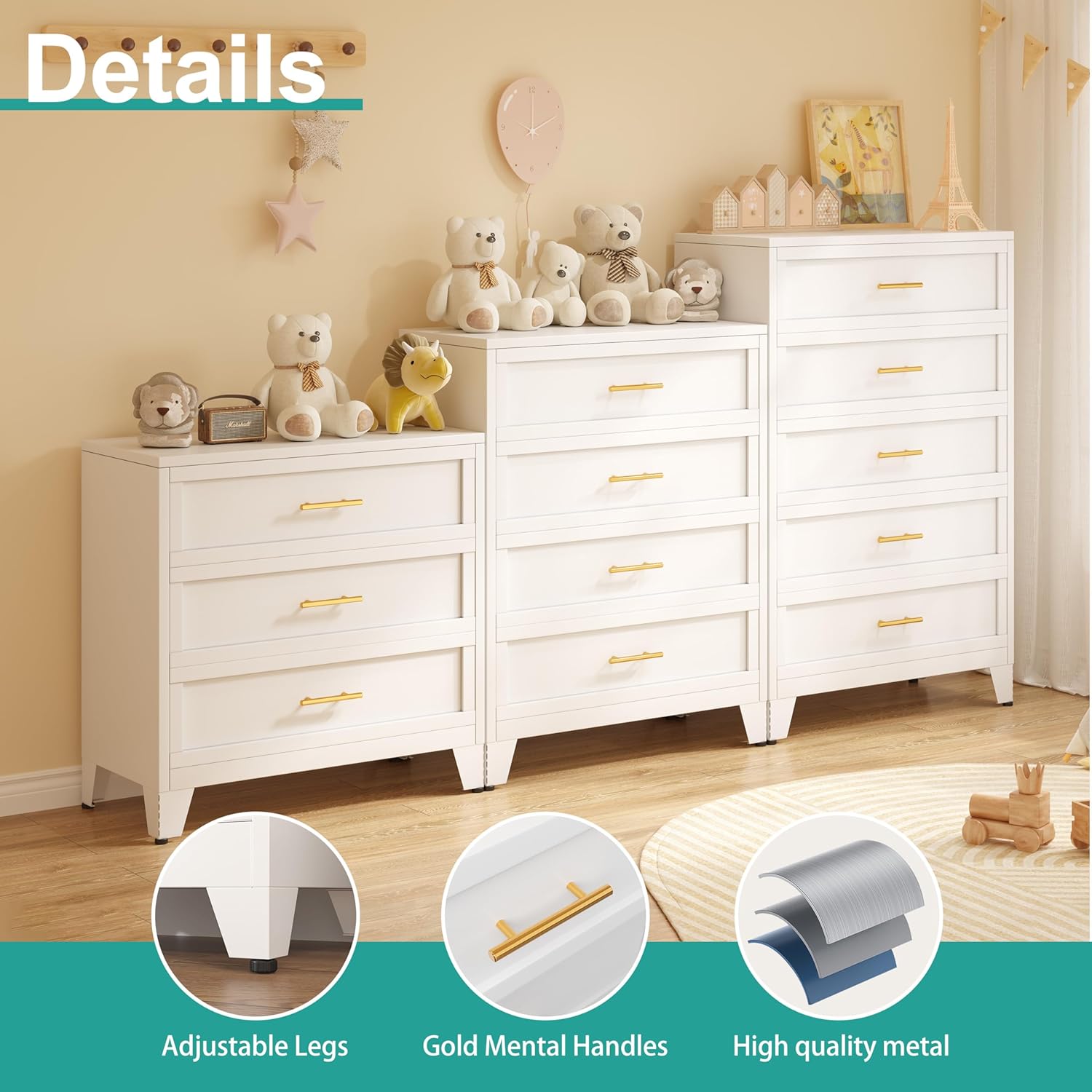 White 4 Drawers Dresser for Bedroom, Metal Dresser & Chest of Drawers, 43.1" H Tall Storage Cabinet Drawers Organizer with Large Storage Space, Steel Chest of Drawers for Living Room, Hallway