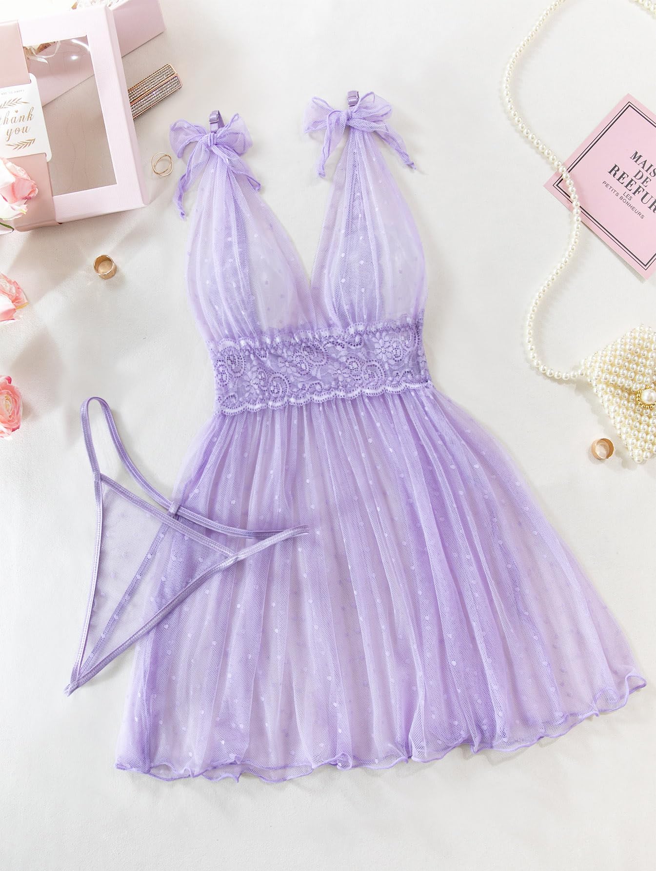 Lilosy Sexy Polka Dots Mesh Sheer Lace Babydoll Chemise Lingerie Set Floral Lace Sleep Wear