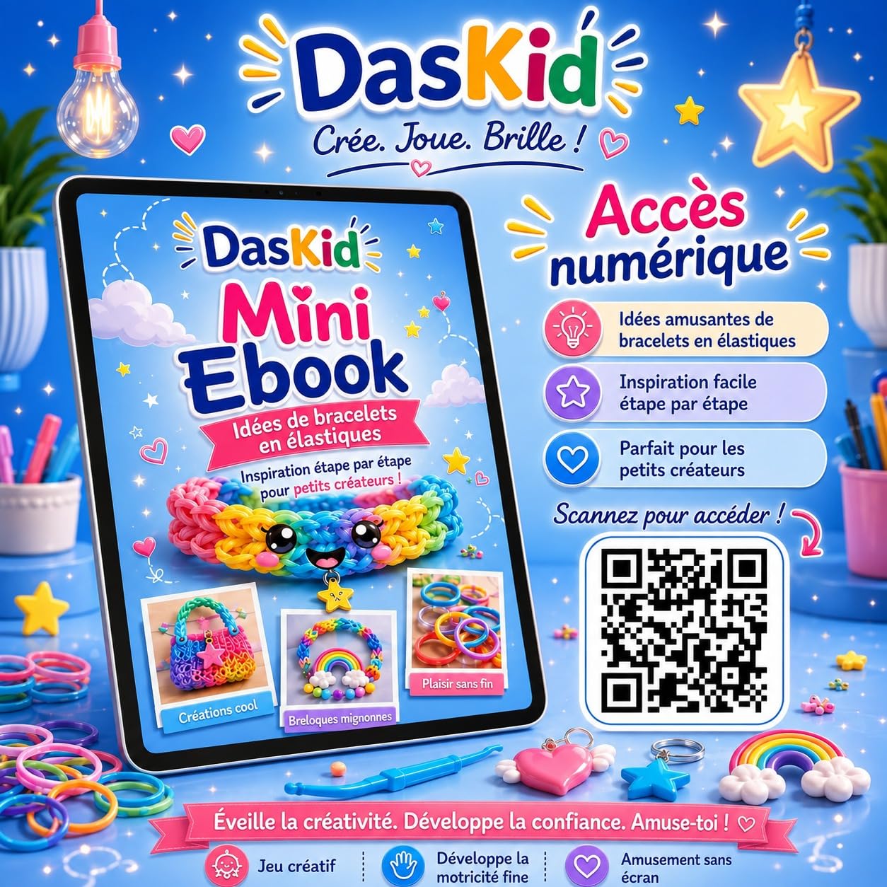 DasKid 17.000+ Loom Bands Kit 32 Vibrant Loom Bands Includes Stickers Loom Board, Alphabet Beads, Beads, S Hooks and Keychains Perfect Craft Kit for Boys and Girls with Purple Storage Box (17000)