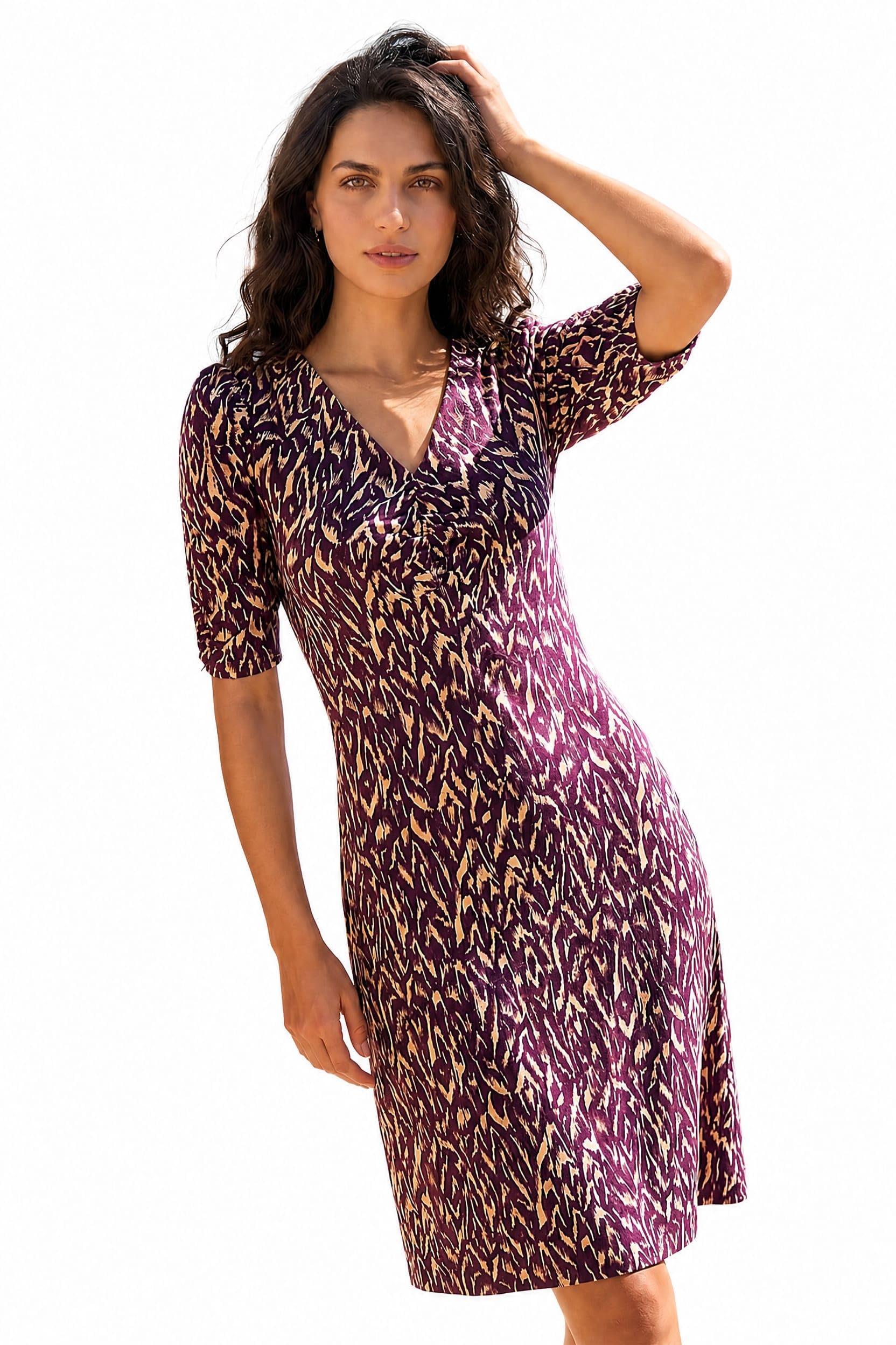 Roman Originals Women's Wine Tea Dress For Uk Skater Swing Fit & Flare Flattering Summer Knee Length Frill Hem Ruched Chest Casual Smart Cocktail Party Going Out - Size 8