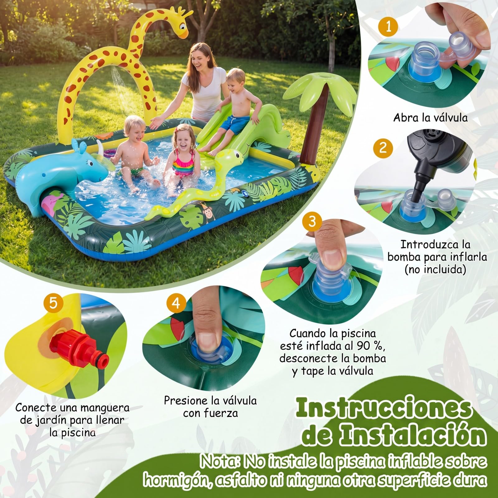 COSTWAY Piscina Hinchable Infantil con Tobogán, Rociador Jirafa y Lanzamiento Aros, 208x178x138 cm