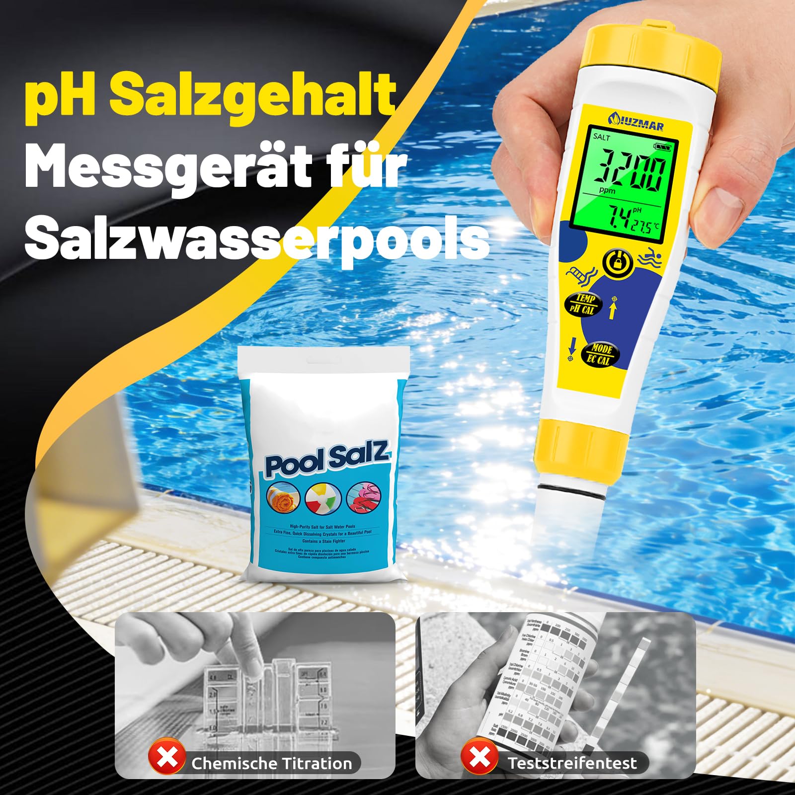 UIUZMAR Digitales pH und Chlor Messgerät Pool, 7-in-1 pH Salztester für Salz Pool mit Gleichzeitiger Anzeige, Multifunktionales pH Salzgehalt EC TDS ORP Messgerät Für Whirlpool Spa Schwimmbad