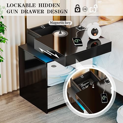 Miniatura 3 de Mesita de noche con estación de carga, mesita de noche LED blanca con 3 cajones, mesa de noche de alto brillo con sensor automático de luces de 24