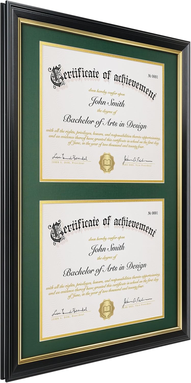 Double Diploma Frame 14x20, Display Two 8.5x11 Degree, Certificates, Documents, Tempered Glass with Acid-Free Green over Gold Mat, Dual Diploma Frame for Graduation, Black with Gold Trim