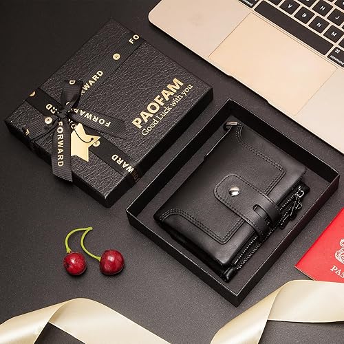 Miniatura 5 de PAOFAM Cartera con cadena, de piel auténtica, bloqueo RFID, doble cremallera, bolsillo para monedas con cadena antirrobo, carteristas a prueba