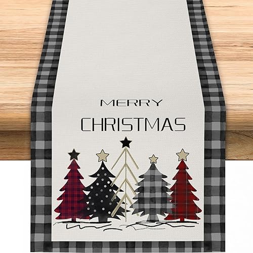 Waterclor Buffalo - Camino de mesa de Navidad con diseño de árboles de Navidad, decoración de mesa de comedor para interiores y exteriores,