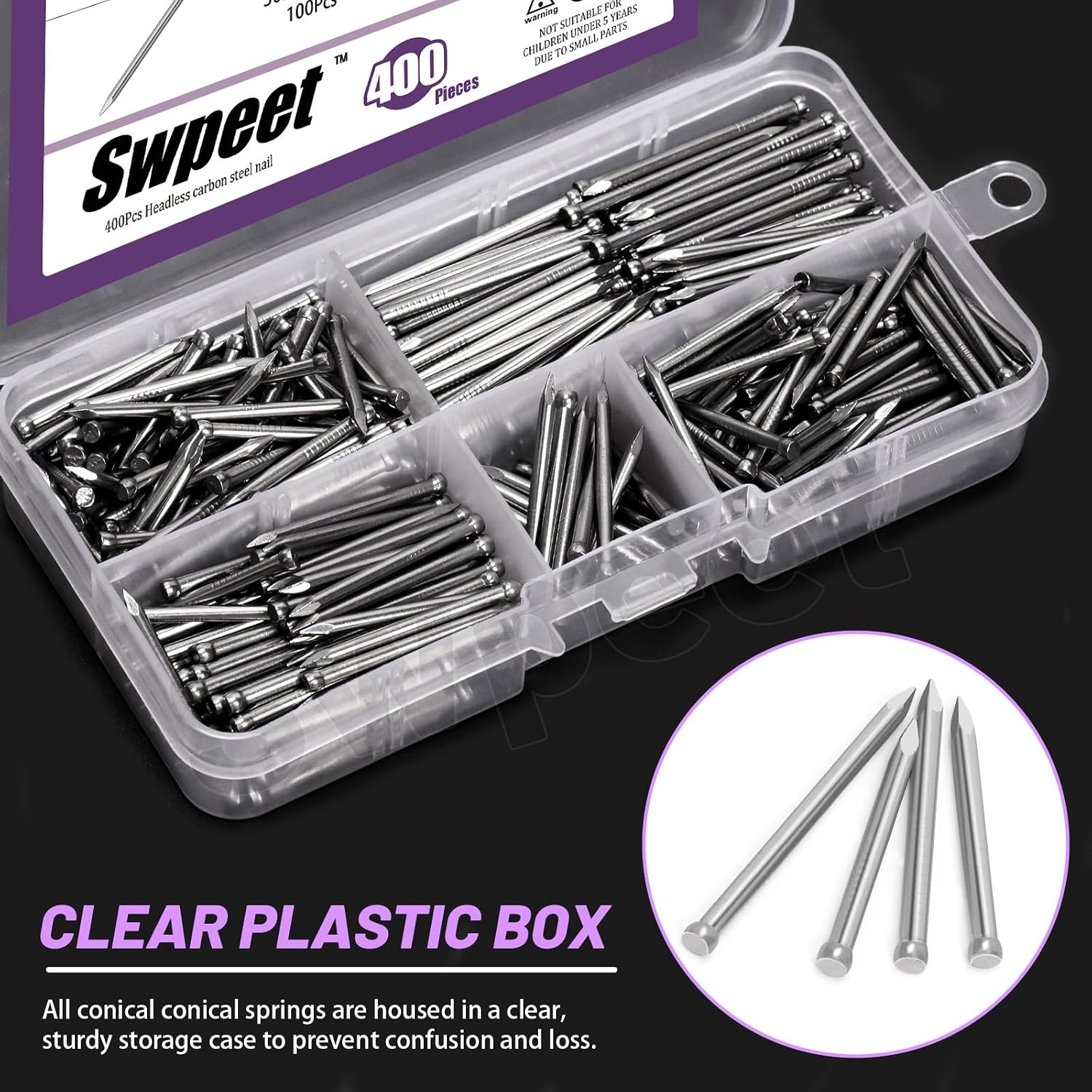 Swpeet 400Pcs 4 Sizes 26/28/ 30/ 35mm Silver Finishing Nails Assortment Kit, Hand-Drive Hardware Carbon Steel Nail Lost Head Nails for Picture Hanging, Wood, Frame, Plaster and Concrete Wall