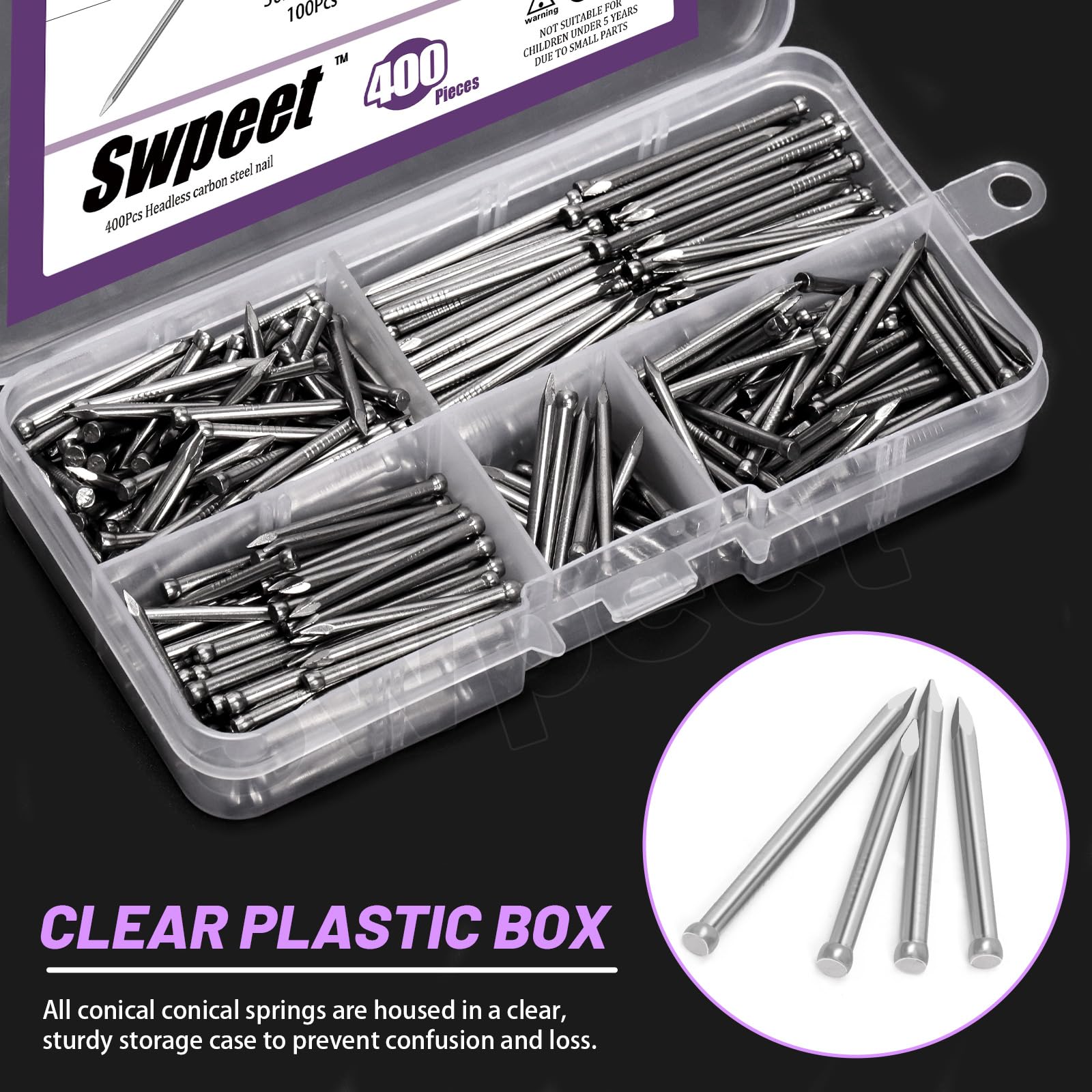 Swpeet 300-Piece Hardware Nail Assortment Kit – 5 Sizes (3/4" To 2-3/8") Galvanized Steel Finishing Nails For Concrete, Wood, Brick & More